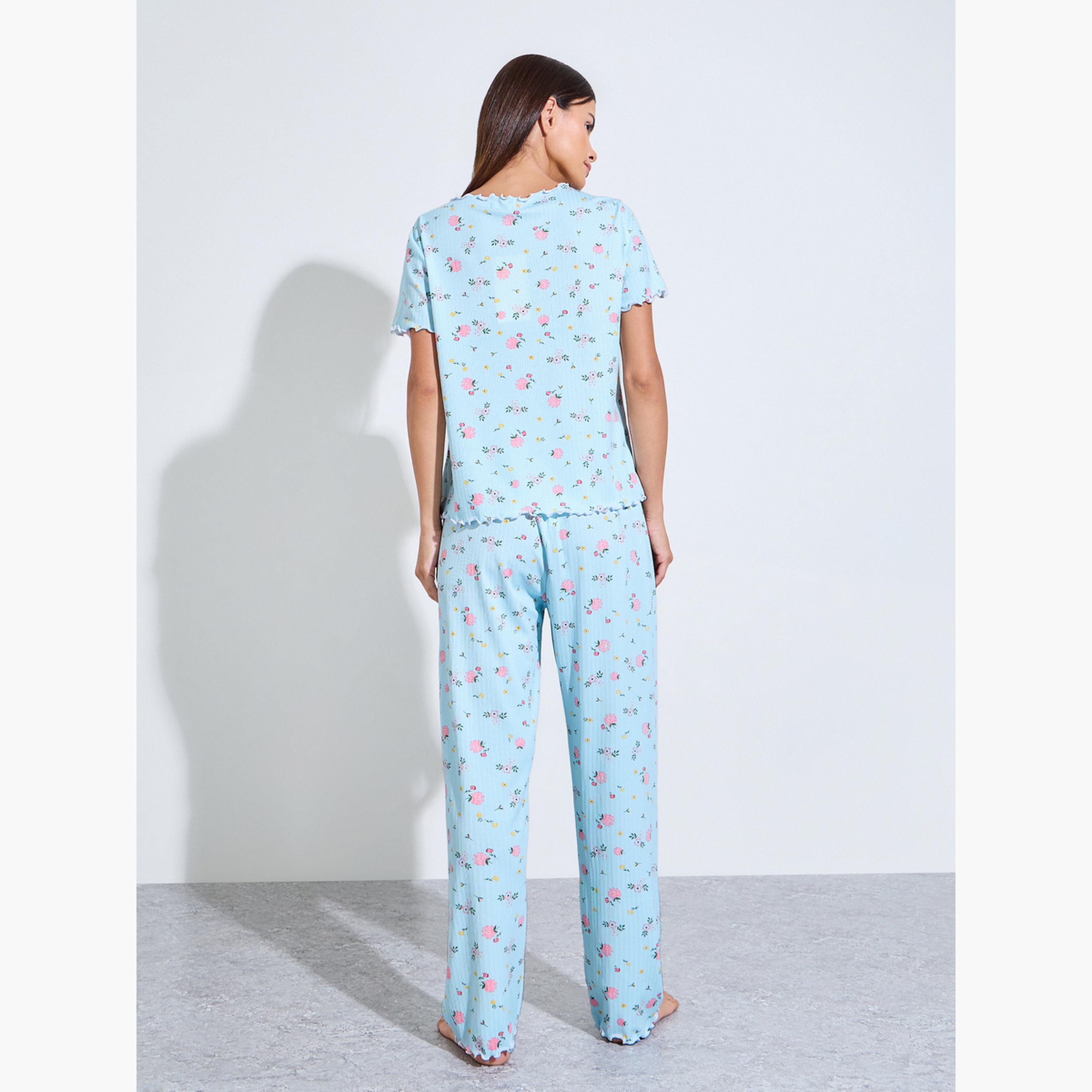 ستايلي - طقم بيجاما وبلوزة بطبعة زهور زرقاء-women-clothing-nightwear-pyjamas-longsets-image-3