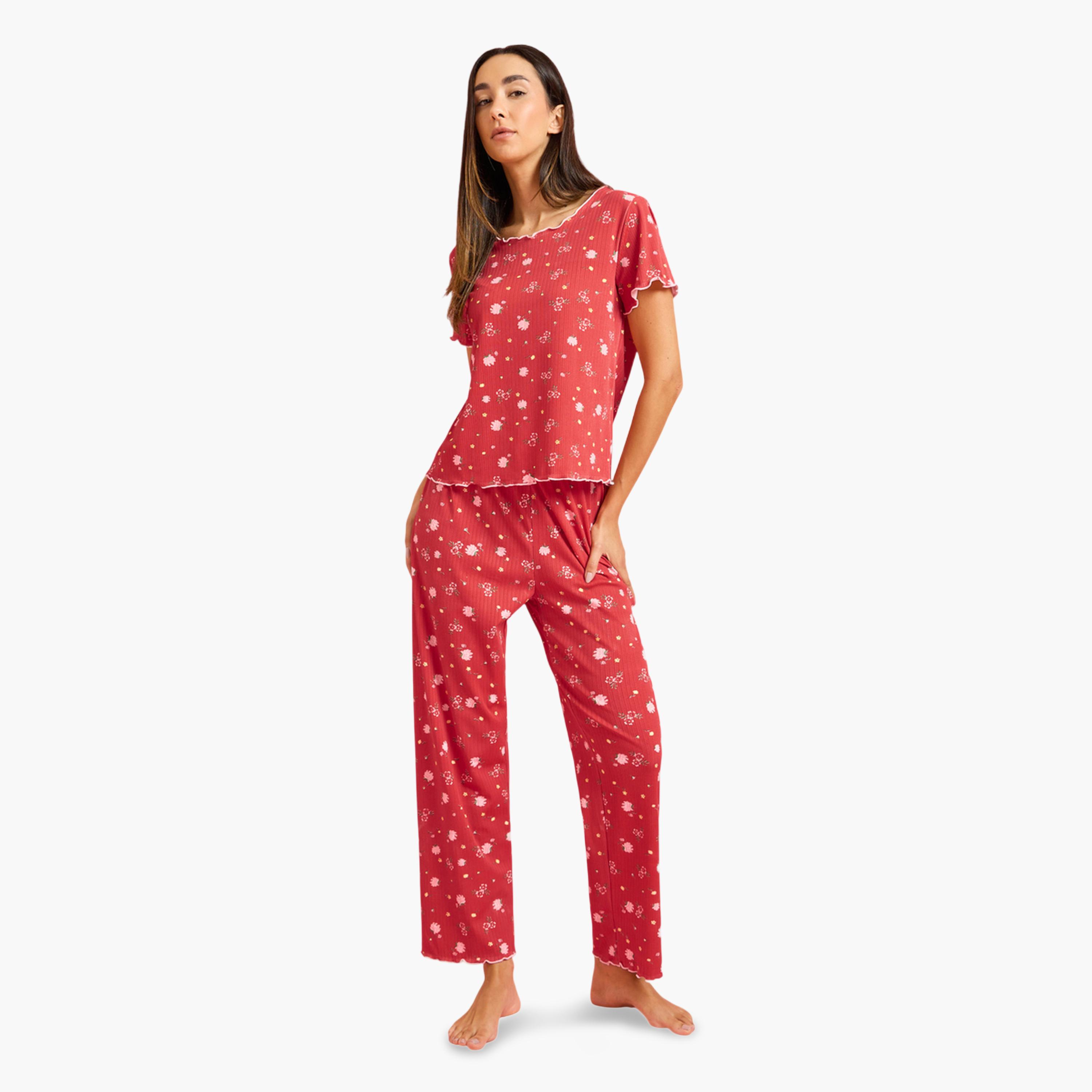 Styli Red Floral Print Top and Pyjama Set-women-clothing-nightwear-pyjamas-longsets-image-1