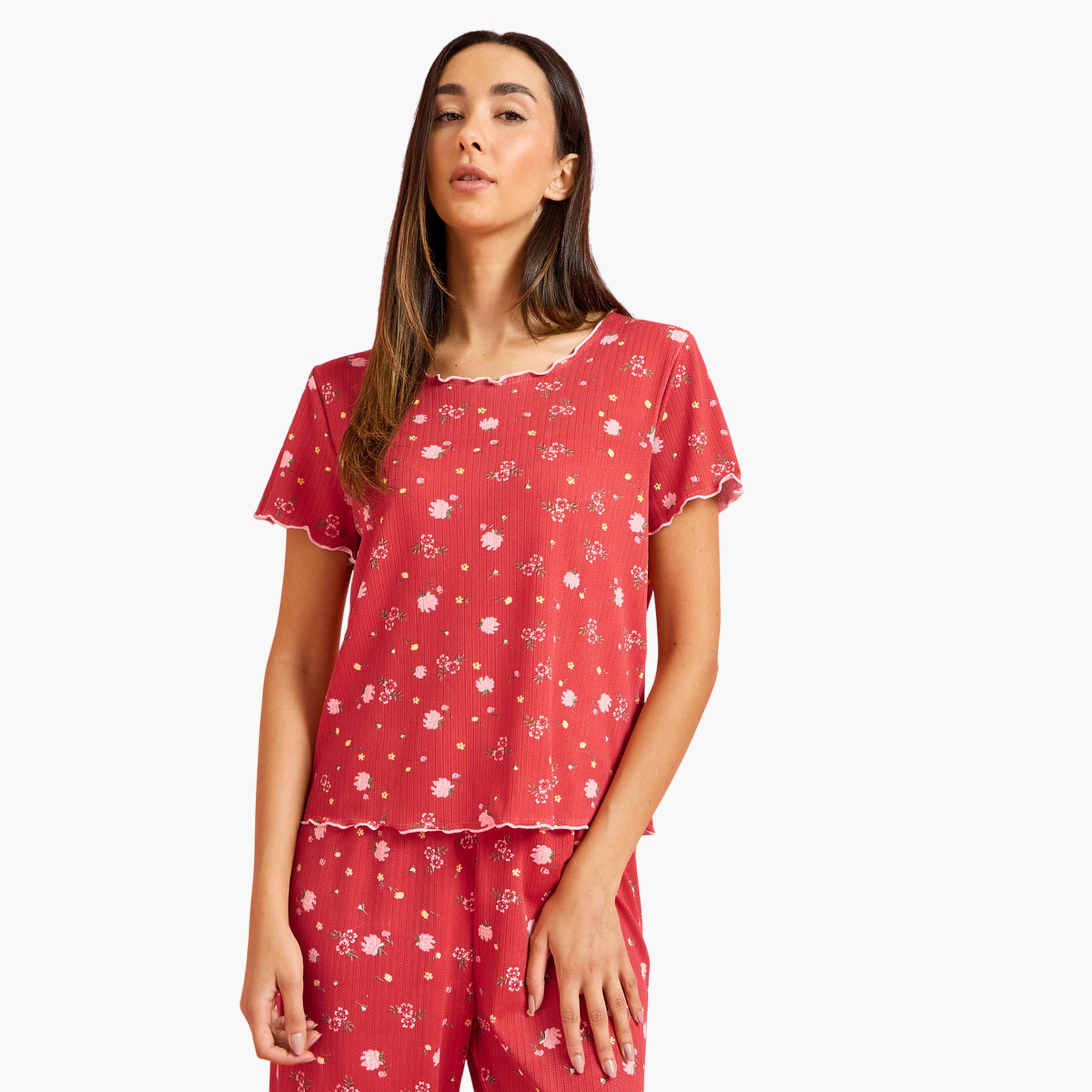 Styli Red Floral Print Top and Pyjama Set-women-clothing-nightwear-pyjamas-longsets-image-2