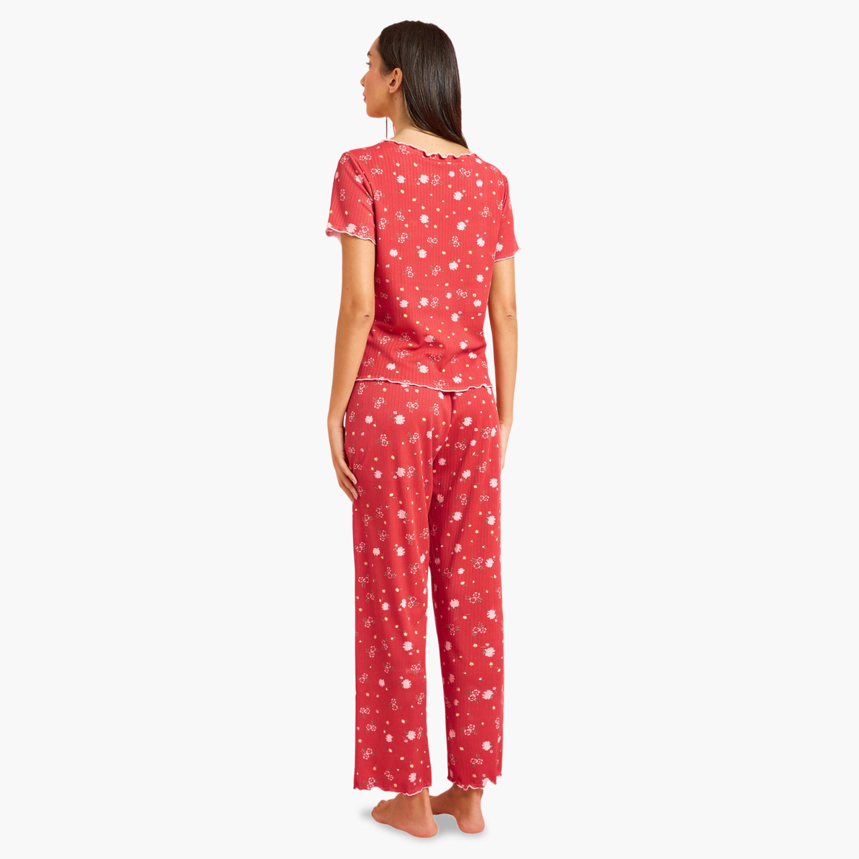 ستايلي - طقم بيجاما وبلوزة بطبعة زهور حمراء-women-clothing-nightwear-pyjamas-longsets-image-3