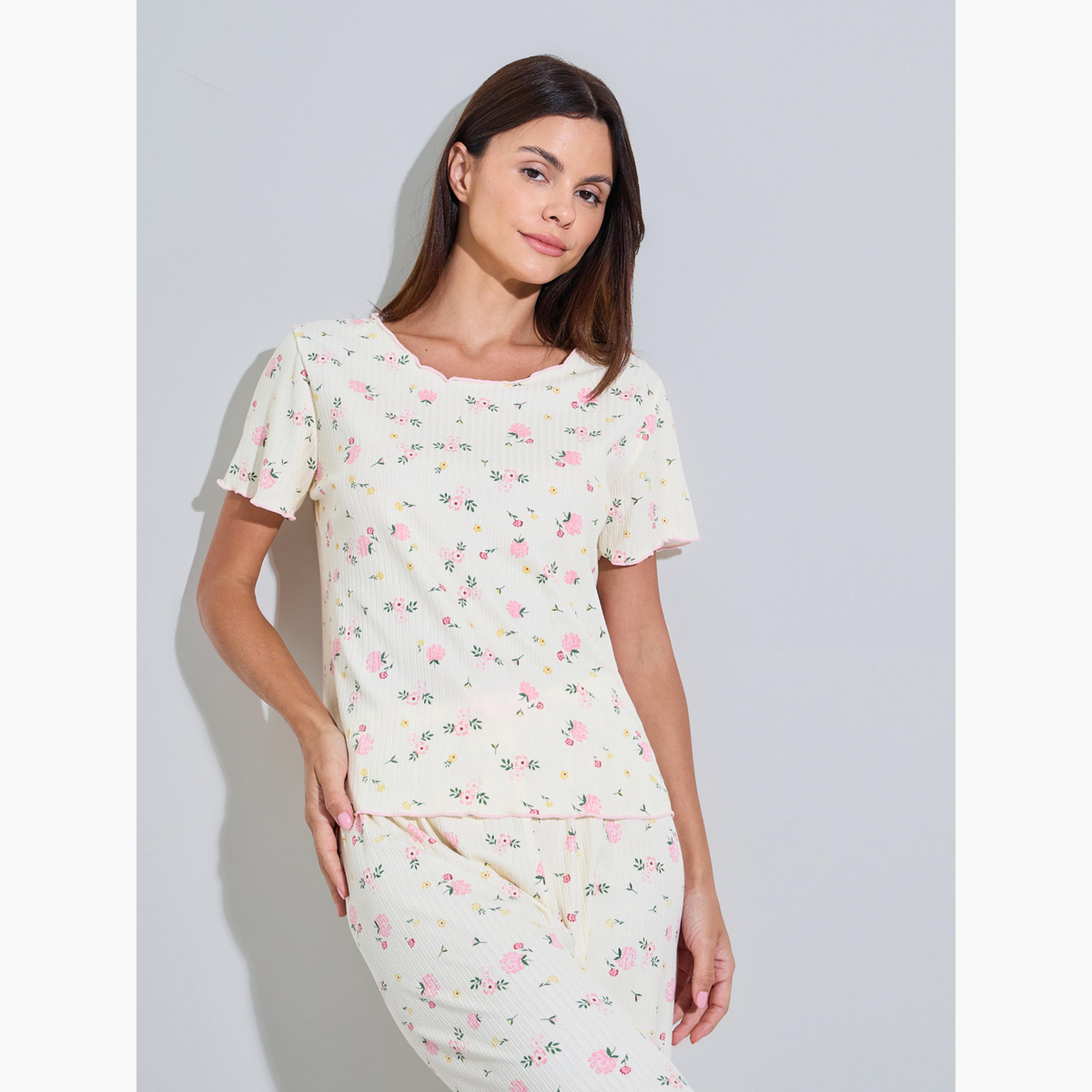 ستايلي - طقم بيجاما وبلوزة بلون كريمي بنقشة زهور-women-clothing-nightwear-pyjamas-longsets-image-2