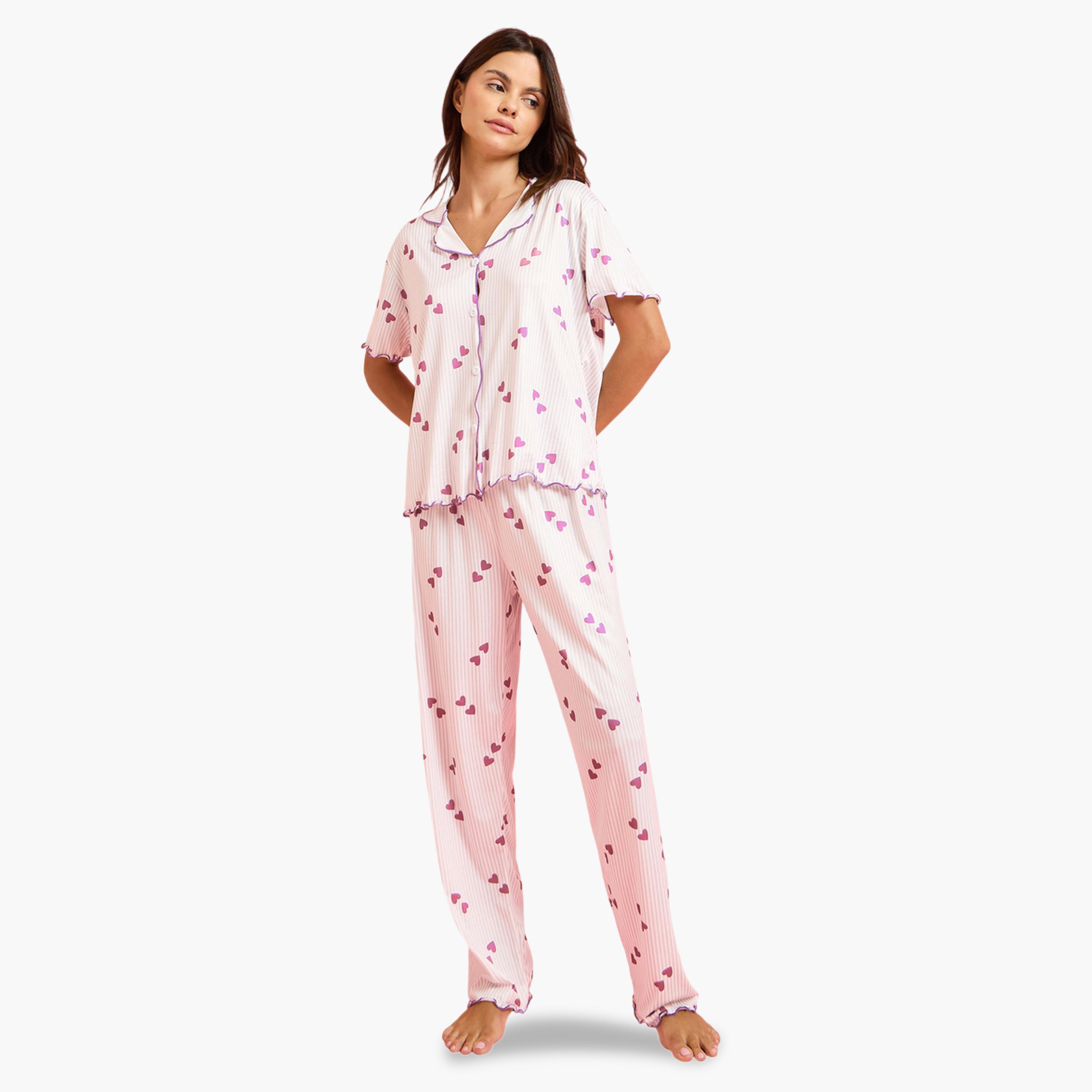 Styli Pink Heart Print Shirt and Pyjama Set-women-clothing-nightwear-pyjamas-longsets-image-1