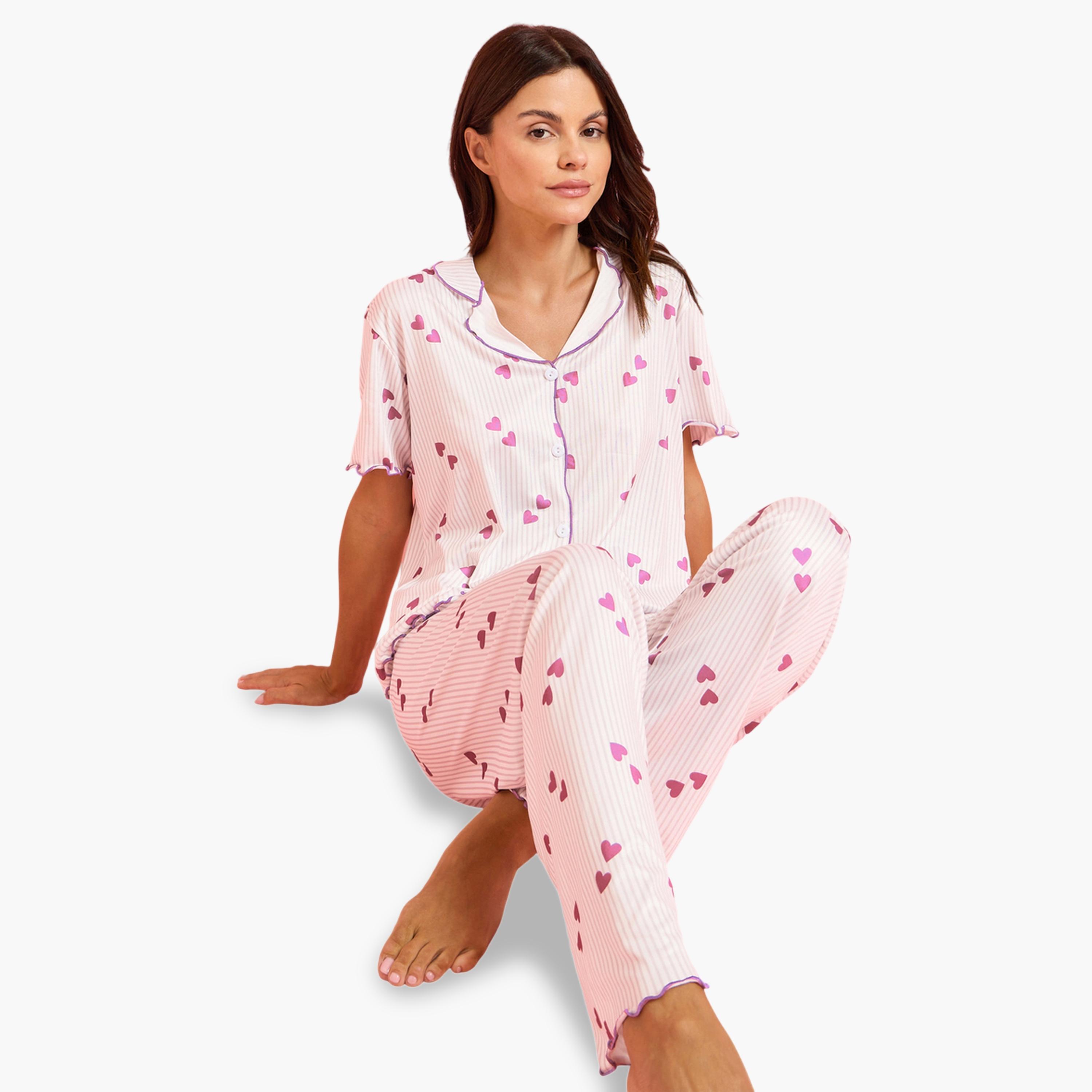 Styli Pink Heart Print Shirt and Pyjama Set-women-clothing-nightwear-pyjamas-longsets-image-2