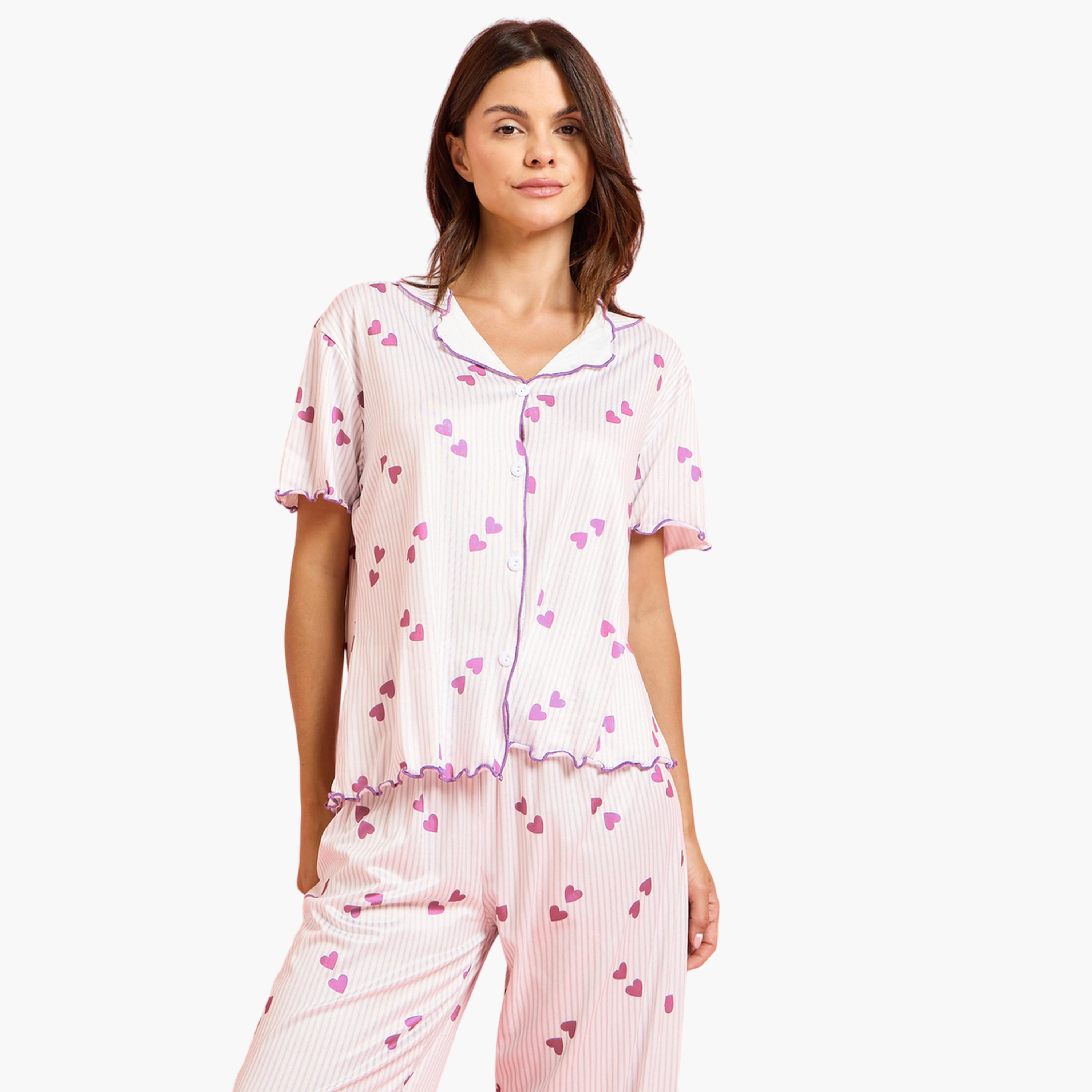 Styli Pink Heart Print Shirt and Pyjama Set-women-clothing-nightwear-pyjamas-longsets-image-3