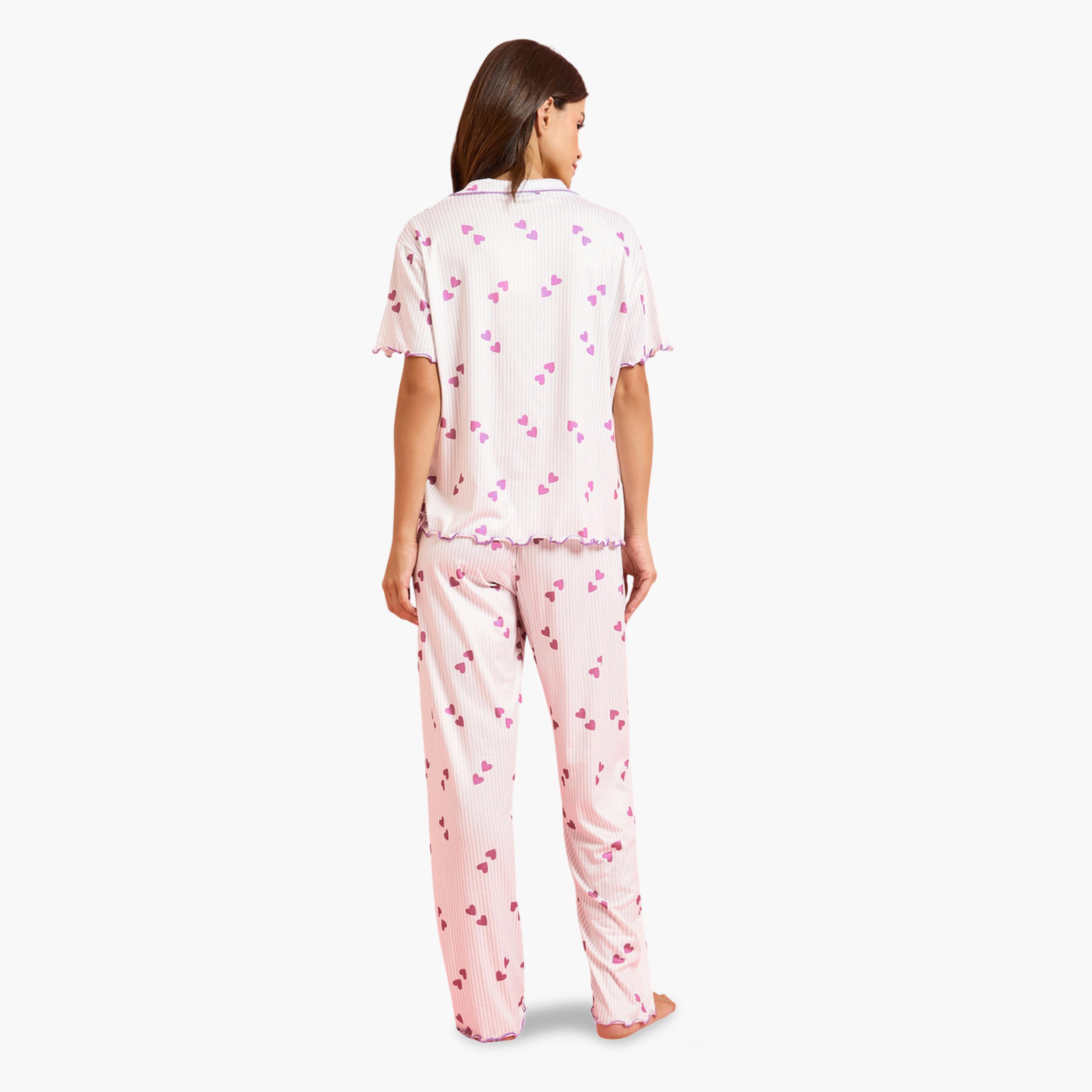 Styli Pink Heart Print Shirt and Pyjama Set-women-clothing-nightwear-pyjamas-longsets-image-4
