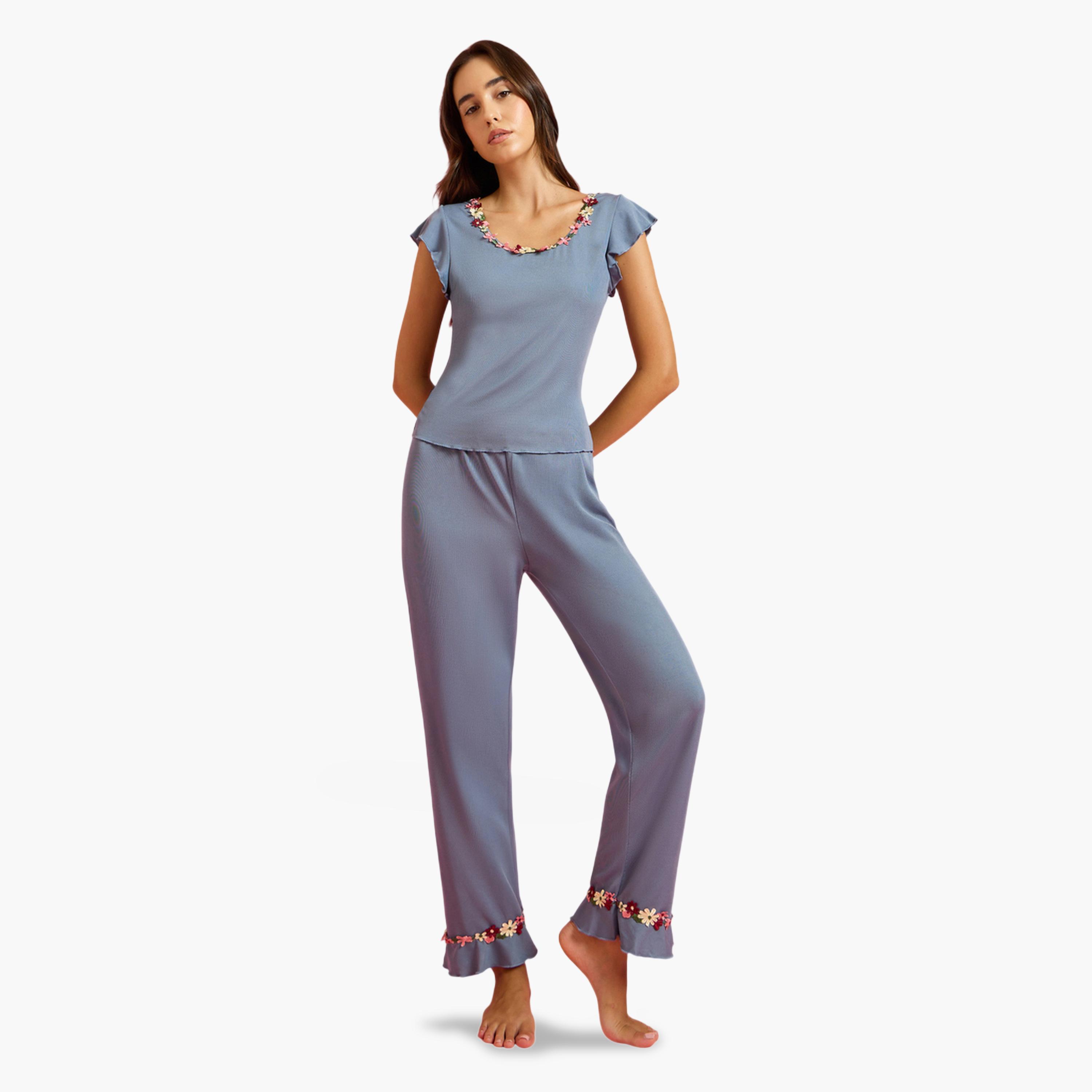Styli Blue Floral Trim Cap Sleeve Top and Pyjama Set-women-clothing-nightwear-pyjamas-longsets-image-1