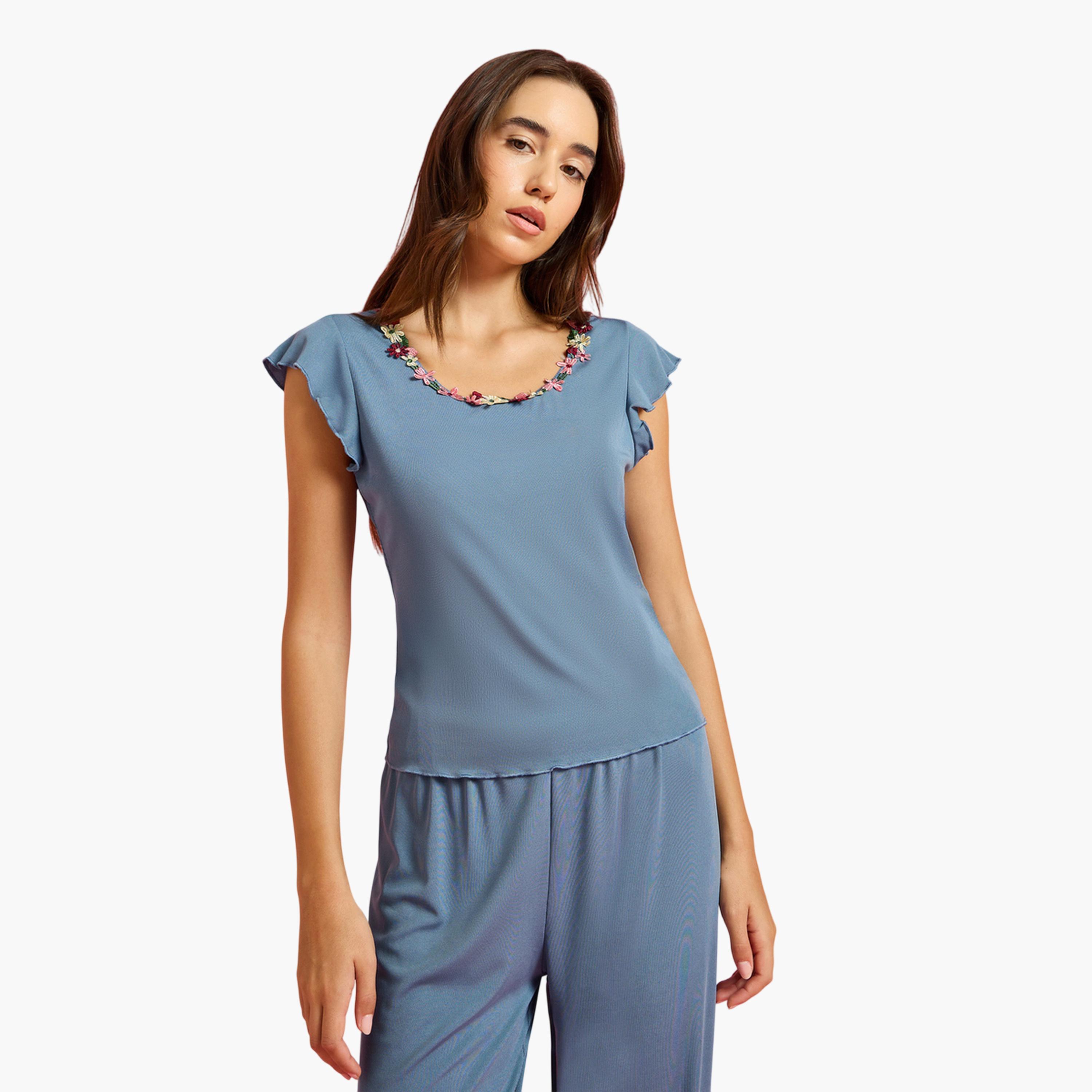 Styli Blue Floral Trim Cap Sleeve Top and Pyjama Set-women-clothing-nightwear-pyjamas-longsets-image-2