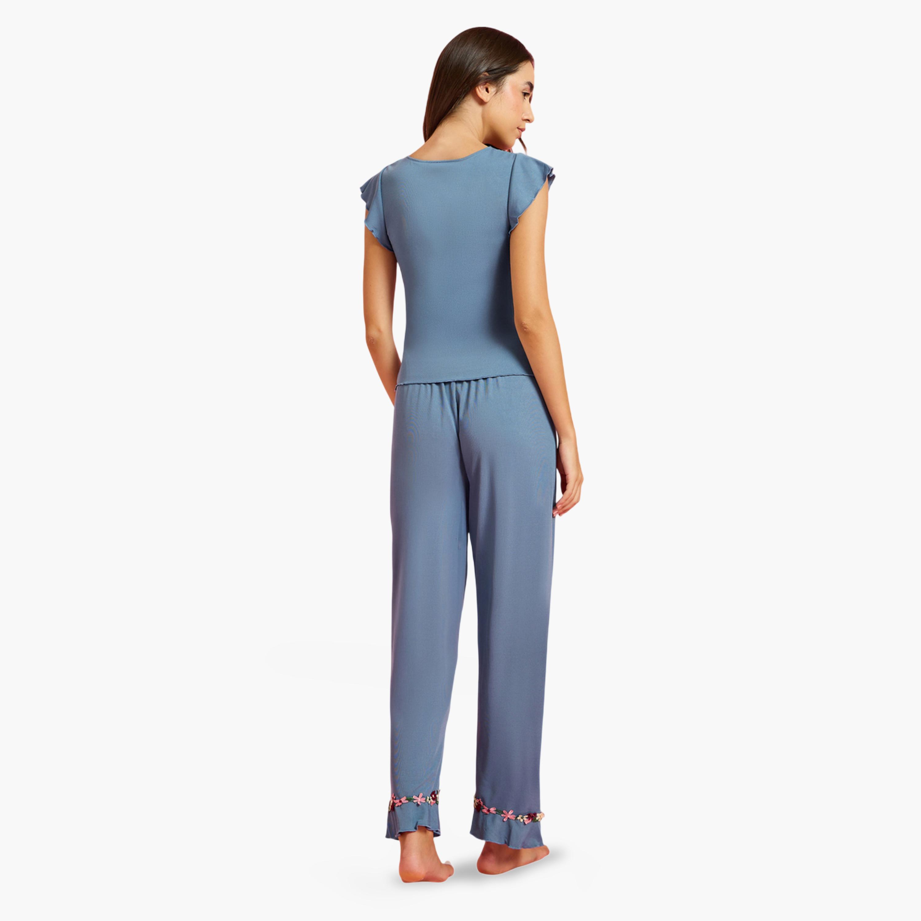 Styli Blue Floral Trim Cap Sleeve Top and Pyjama Set-women-clothing-nightwear-pyjamas-longsets-image-3
