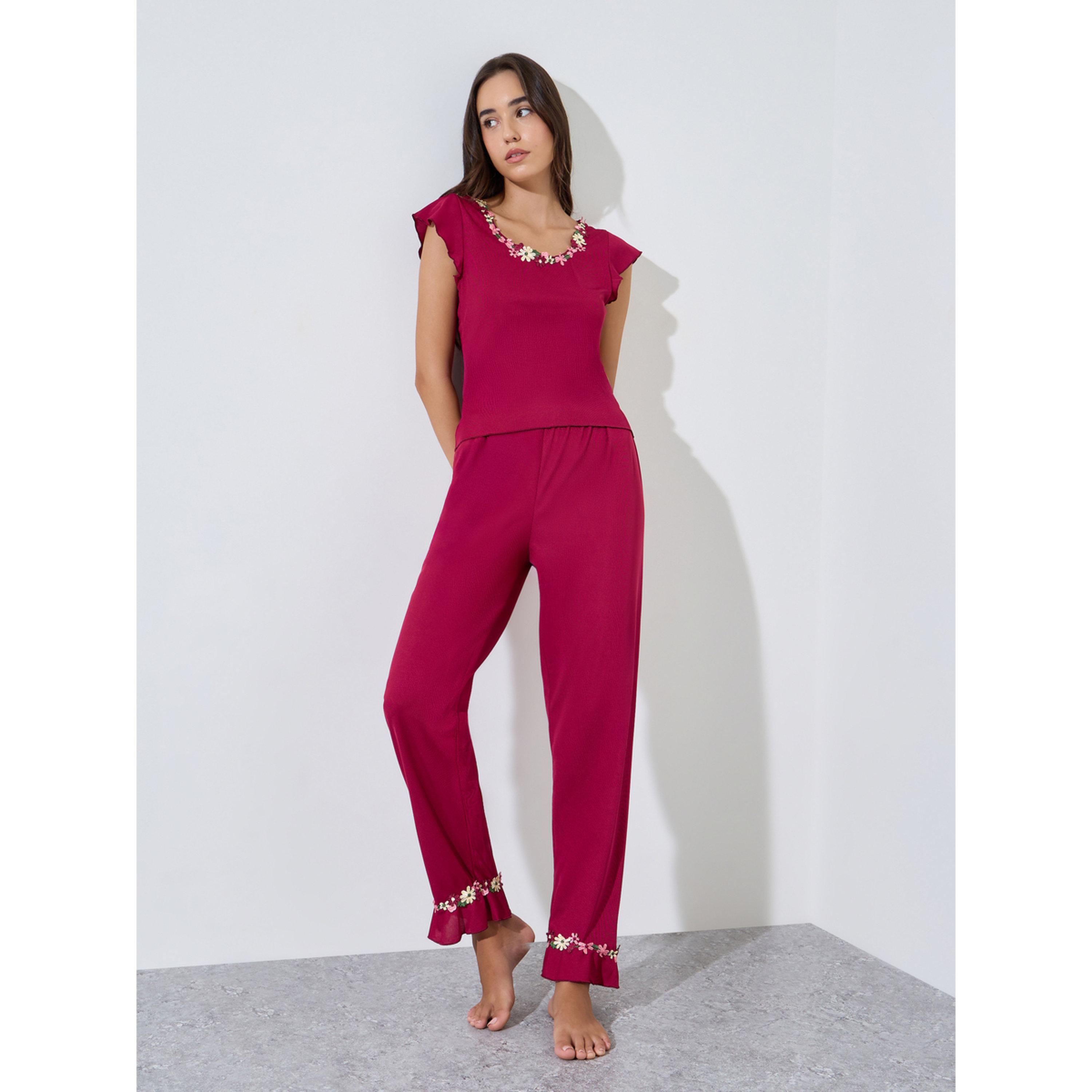 Styli Burgundy Floral Trim Cap Sleeve Top and Pyjama Set-women-clothing-nightwear-pyjamas-longsets-image-1