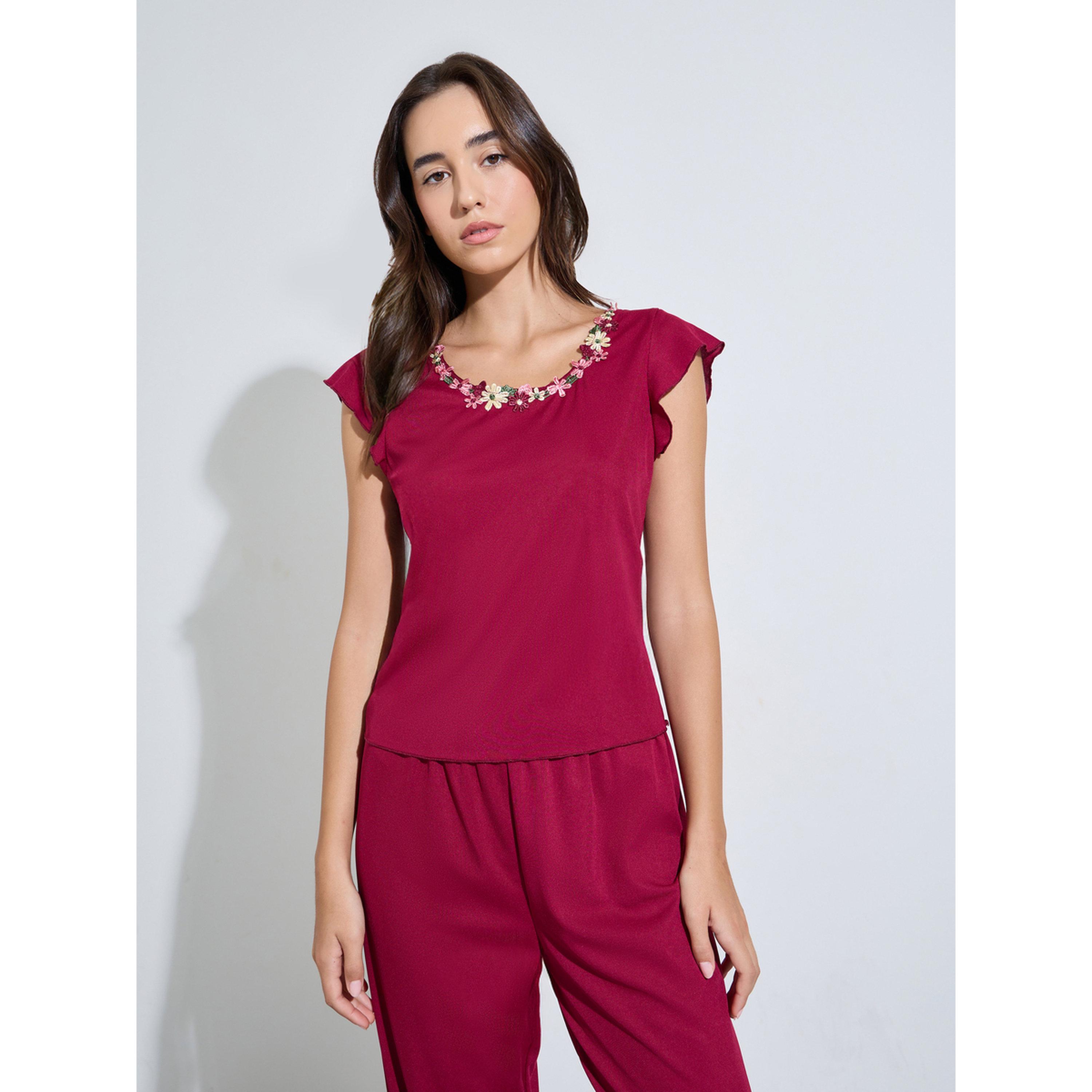 Styli Burgundy Floral Trim Cap Sleeve Top and Pyjama Set-women-clothing-nightwear-pyjamas-longsets-image-2