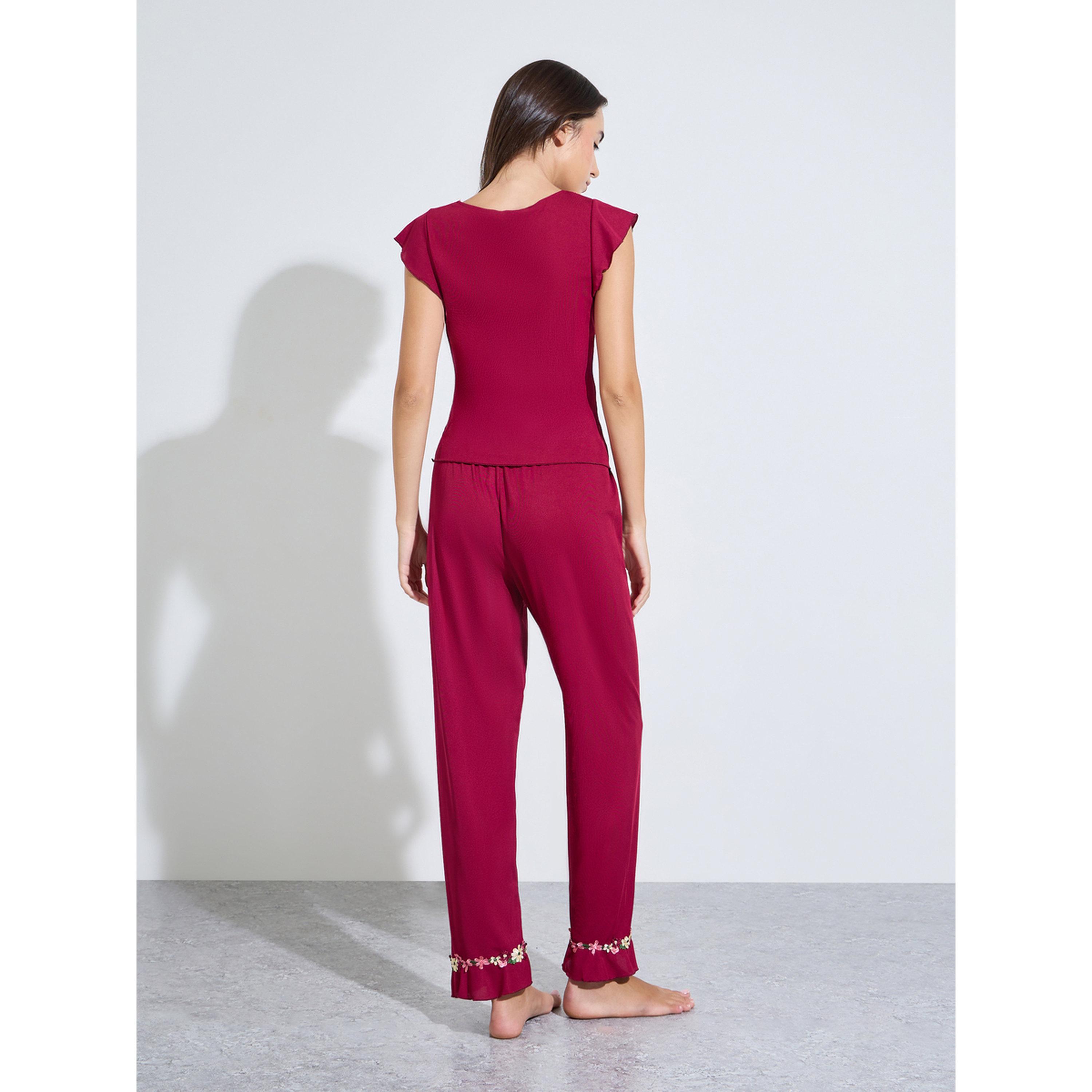 Styli Burgundy Floral Trim Cap Sleeve Top and Pyjama Set-women-clothing-nightwear-pyjamas-longsets-image-3