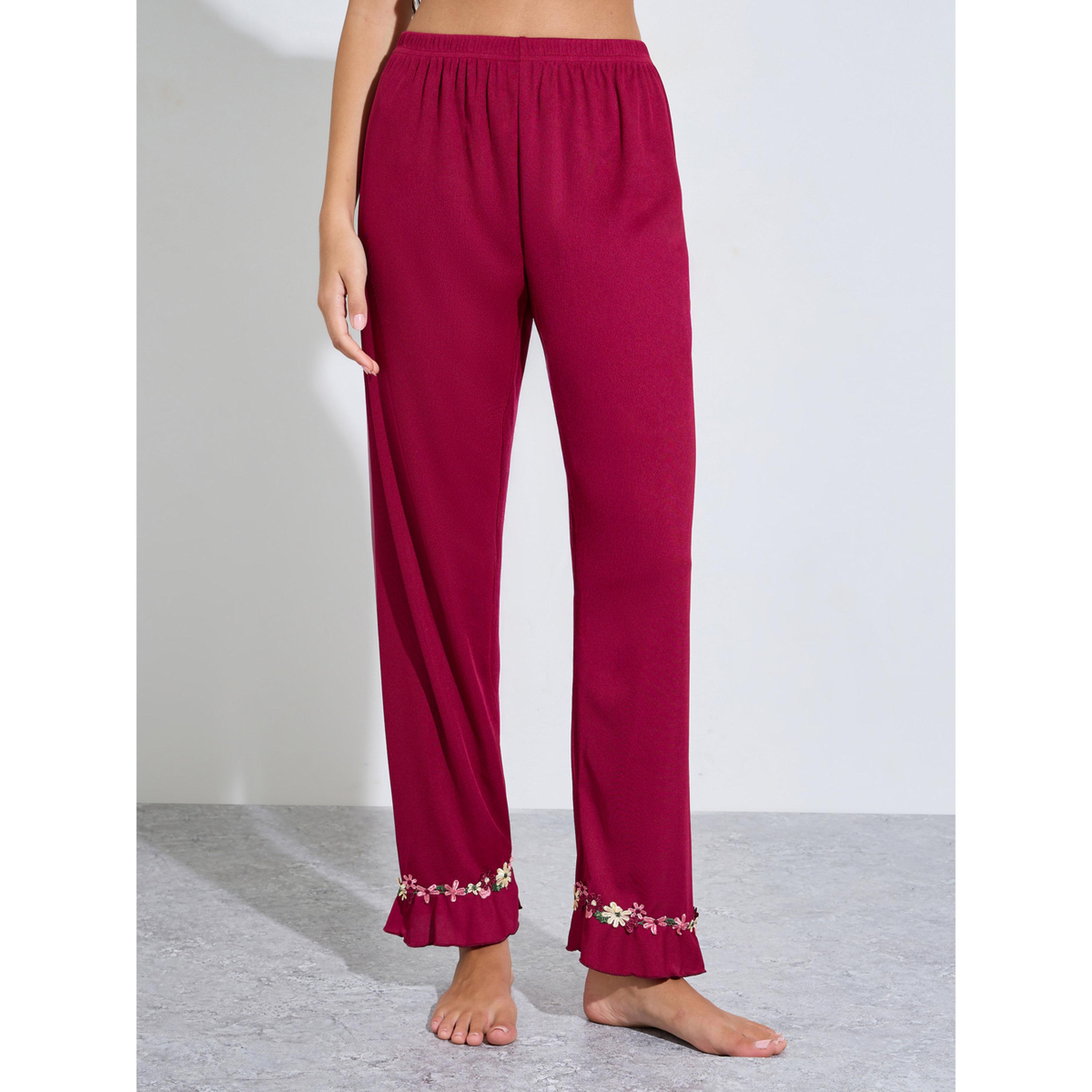 Styli Burgundy Floral Trim Cap Sleeve Top and Pyjama Set-women-clothing-nightwear-pyjamas-longsets-image-4
