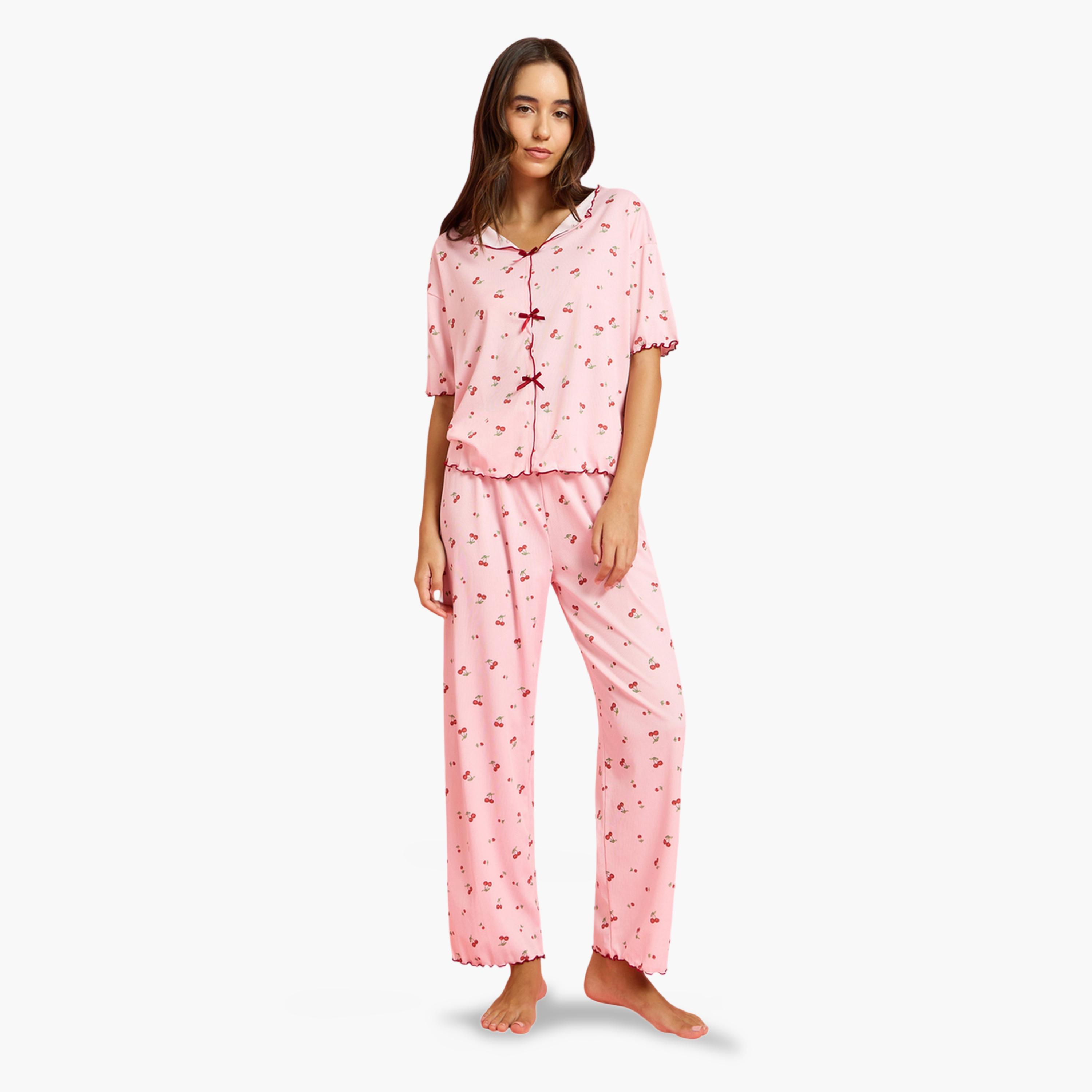 طقم بيجاما وبلوزة بأكمام قصيرة وطبعة كريز-women-clothing-nightwear-pyjamas-longsets-image-1