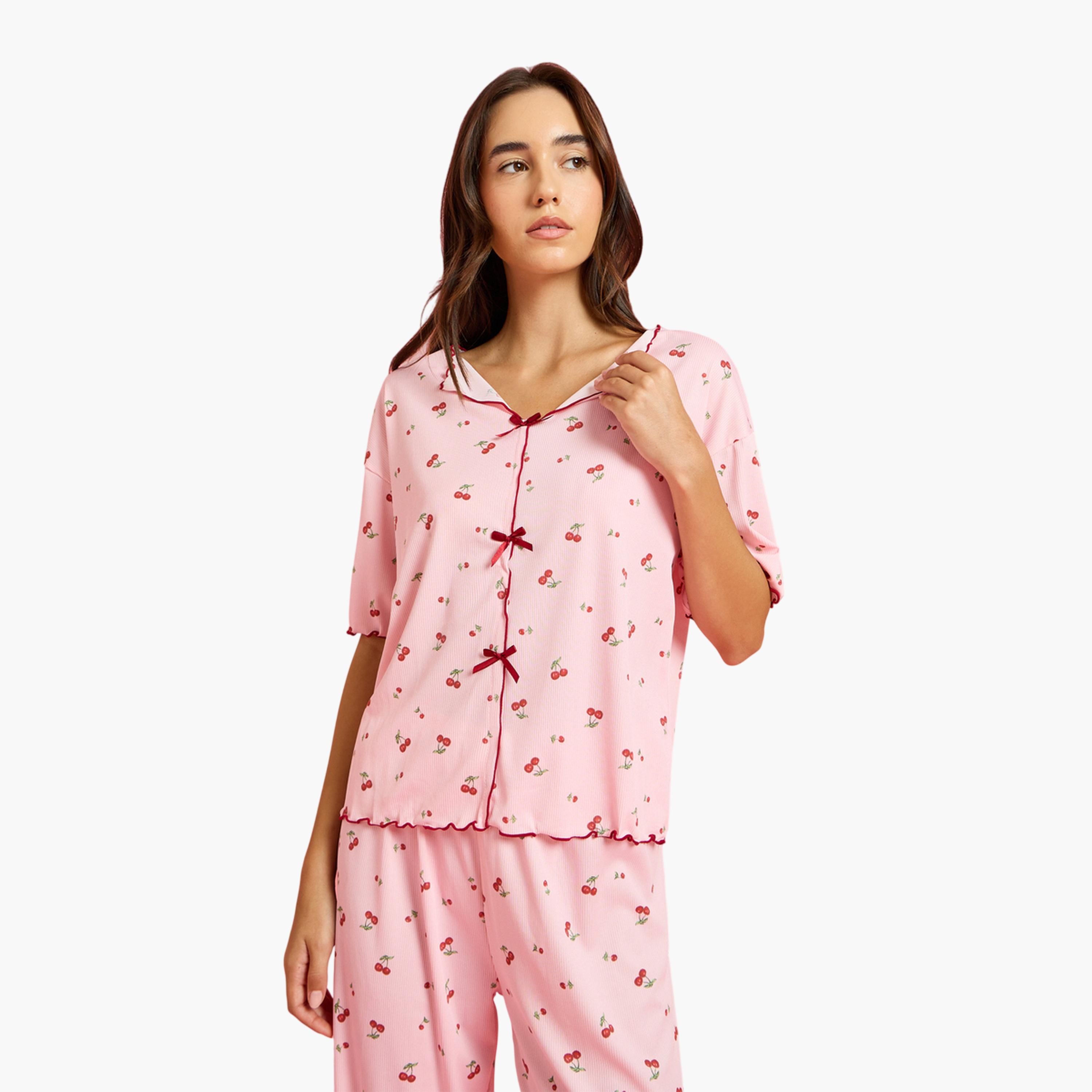 طقم بيجاما وبلوزة بأكمام قصيرة وطبعة كريز-women-clothing-nightwear-pyjamas-longsets-image-2