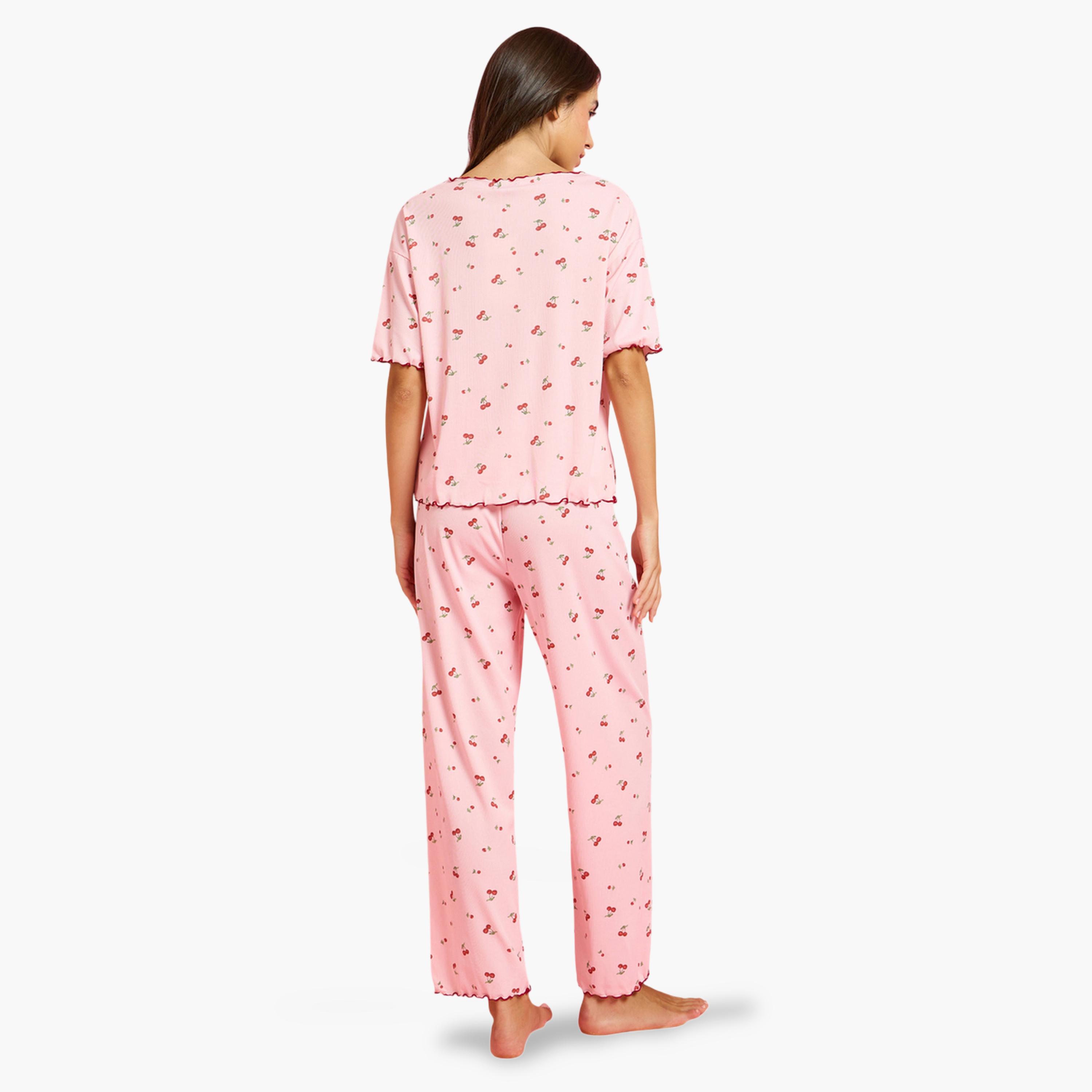 Styli Pink Cherry Print Short Sleeve Top and Pyjama Set-women-clothing-nightwear-pyjamas-longsets-image-3