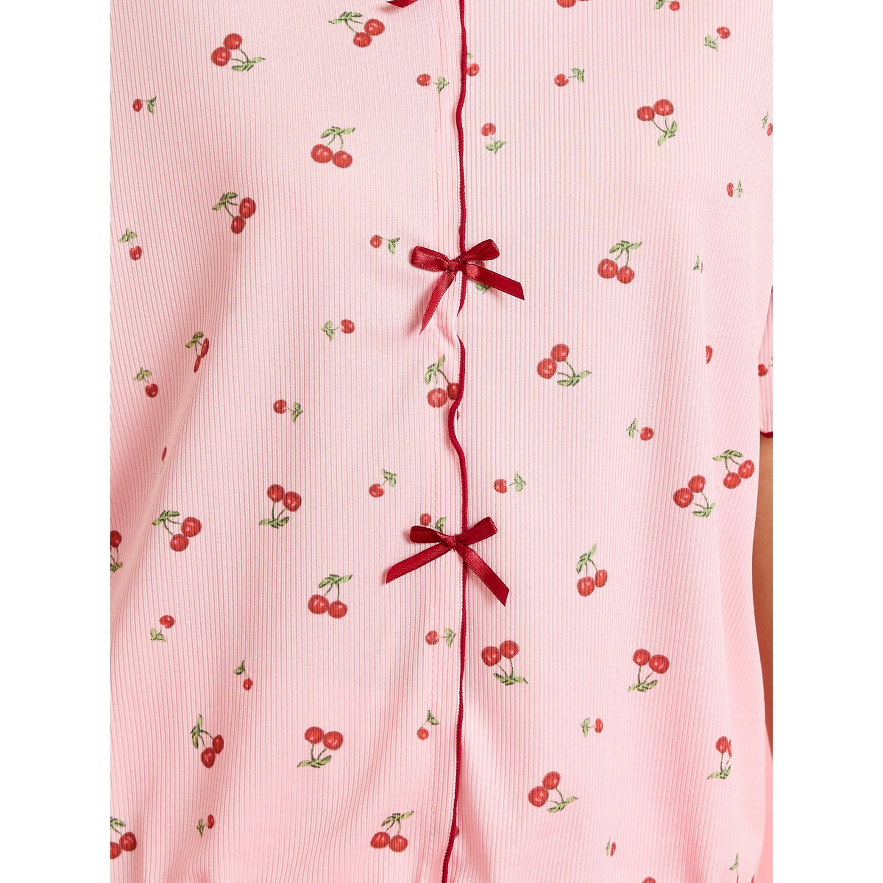 Styli Pink Cherry Print Short Sleeve Top and Pyjama Set-women-clothing-nightwear-pyjamas-longsets-image-5