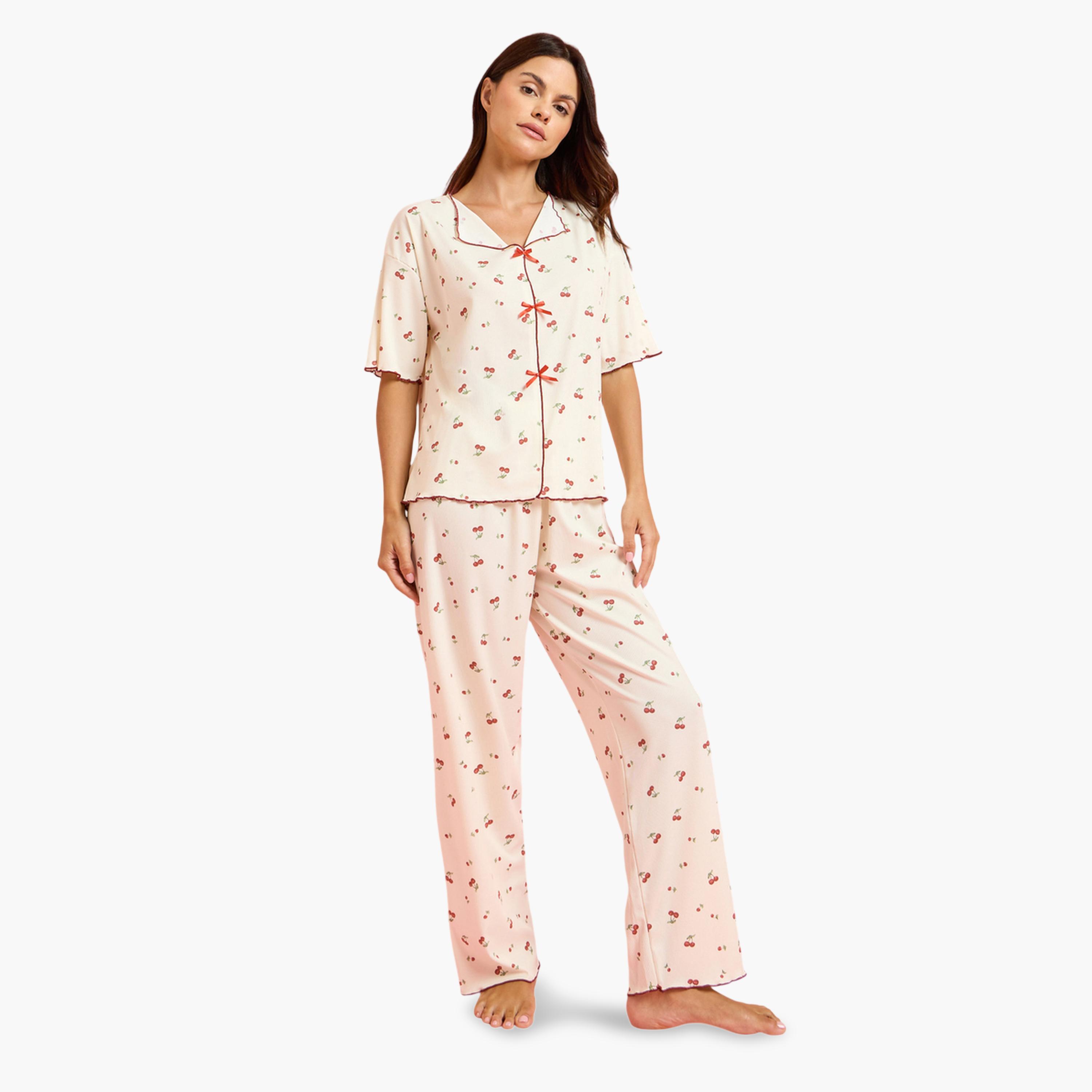 Styli Yellow Cherry Print Short Sleeve Top and Pyjama Set-women-clothing-nightwear-pyjamas-longsets-image-1