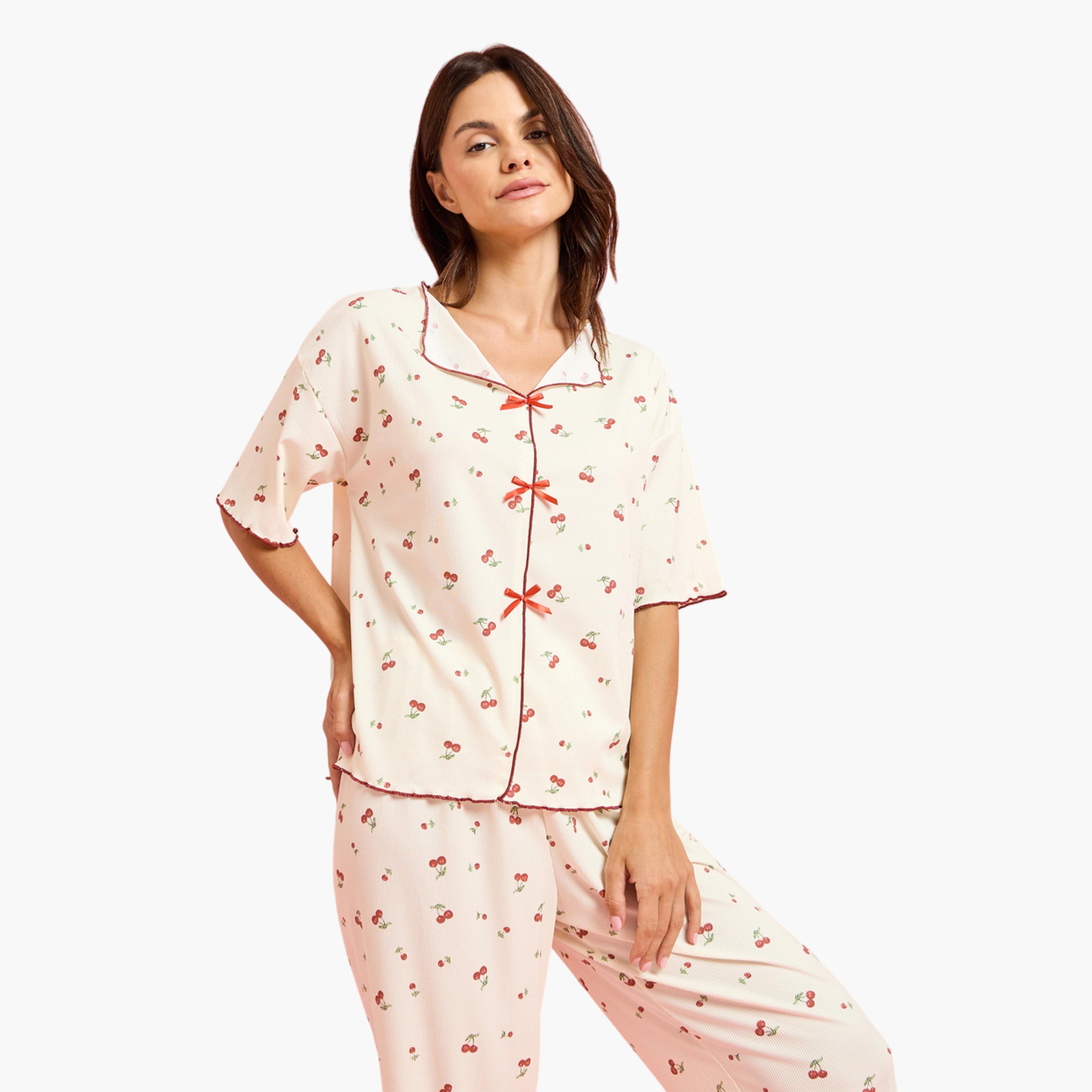 Styli Yellow Cherry Print Short Sleeve Top and Pyjama Set-women-clothing-nightwear-pyjamas-longsets-image-2