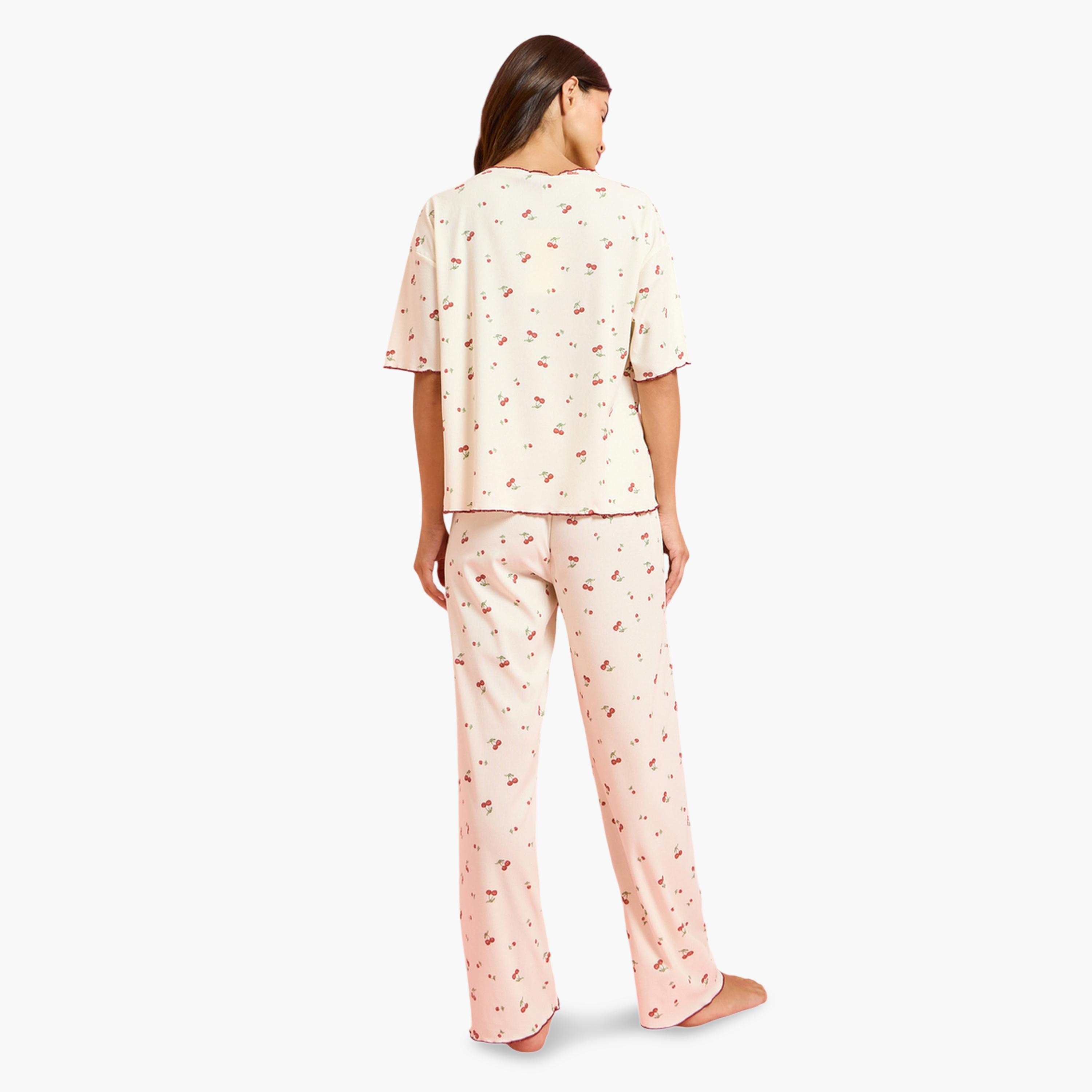 Styli Yellow Cherry Print Short Sleeve Top and Pyjama Set-women-clothing-nightwear-pyjamas-longsets-image-3