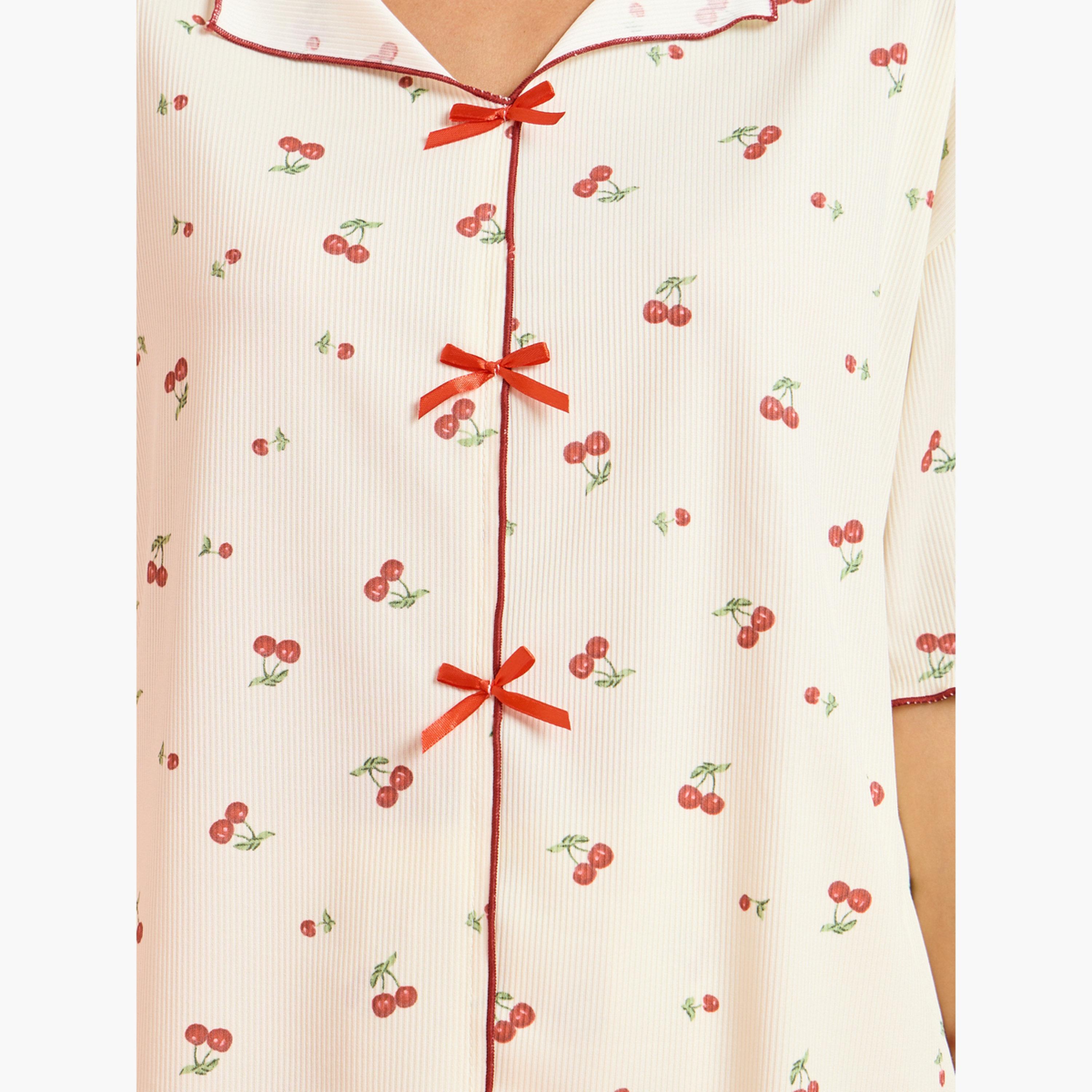 Styli Yellow Cherry Print Short Sleeve Top and Pyjama Set-women-clothing-nightwear-pyjamas-longsets-image-5