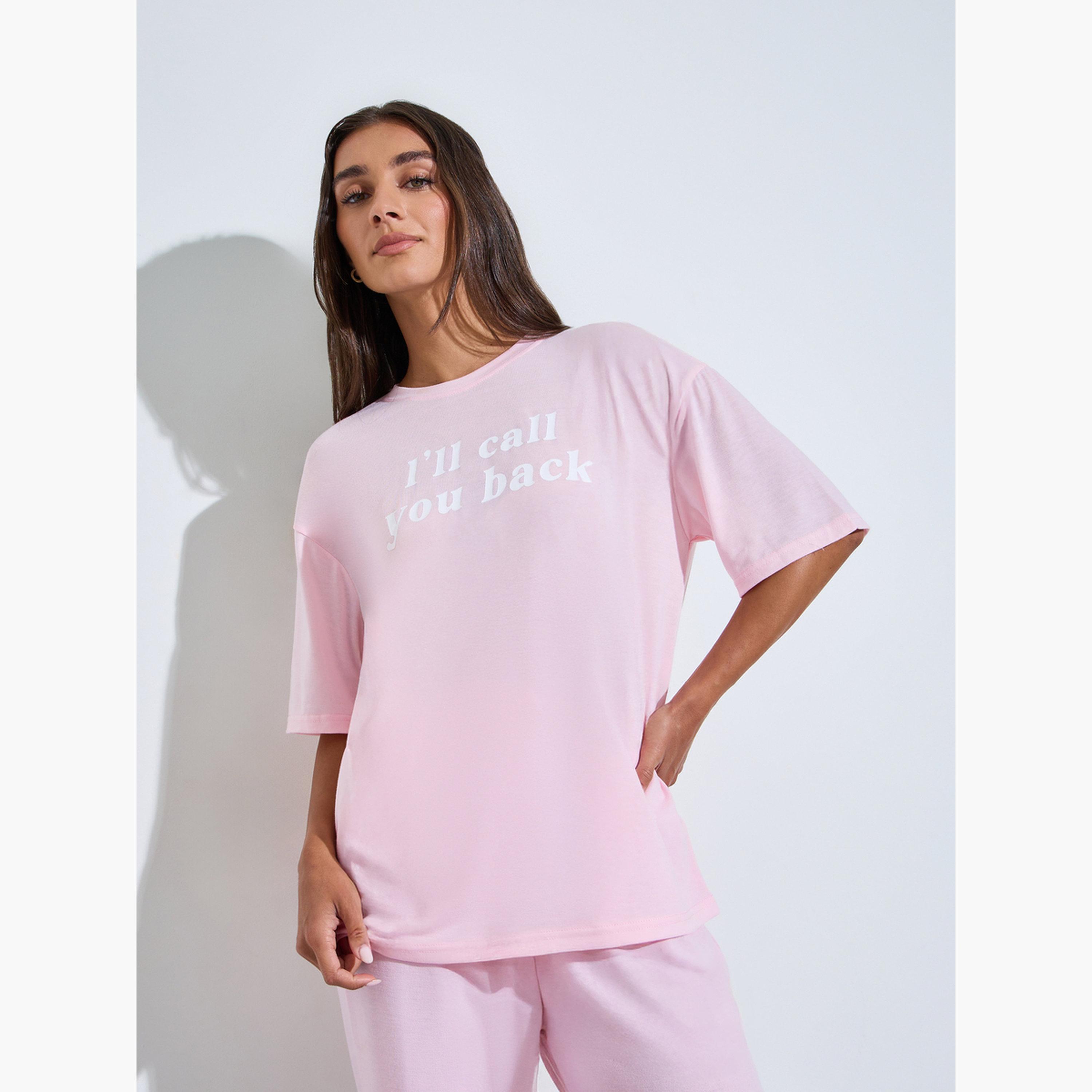 Styli Pink Slogan Print Short Sleeves Oversized T-Shirt-women-clothing-tshirts-image-1