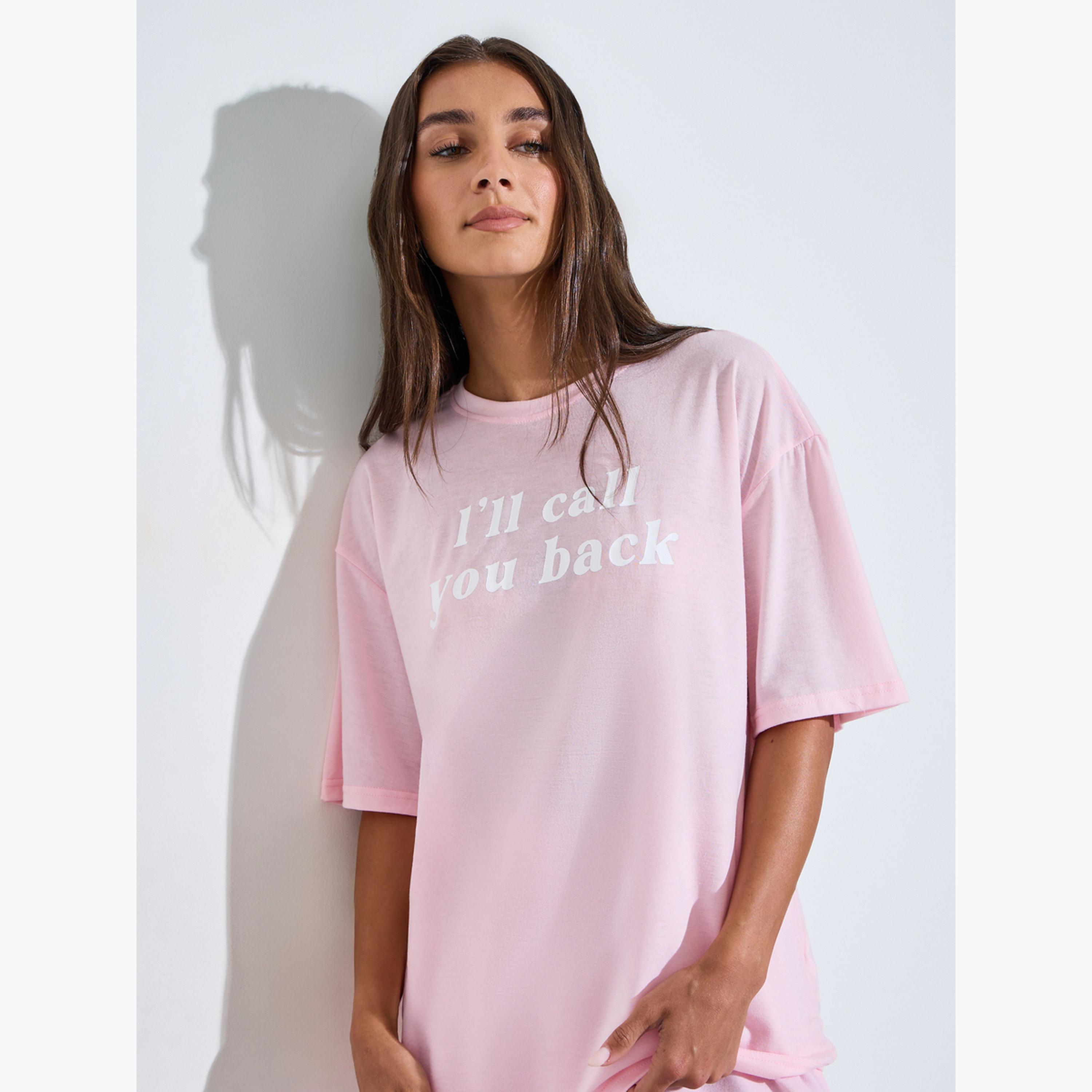 Styli Pink Slogan Print Short Sleeves Oversized T-Shirt-women-clothing-tshirts-image-3