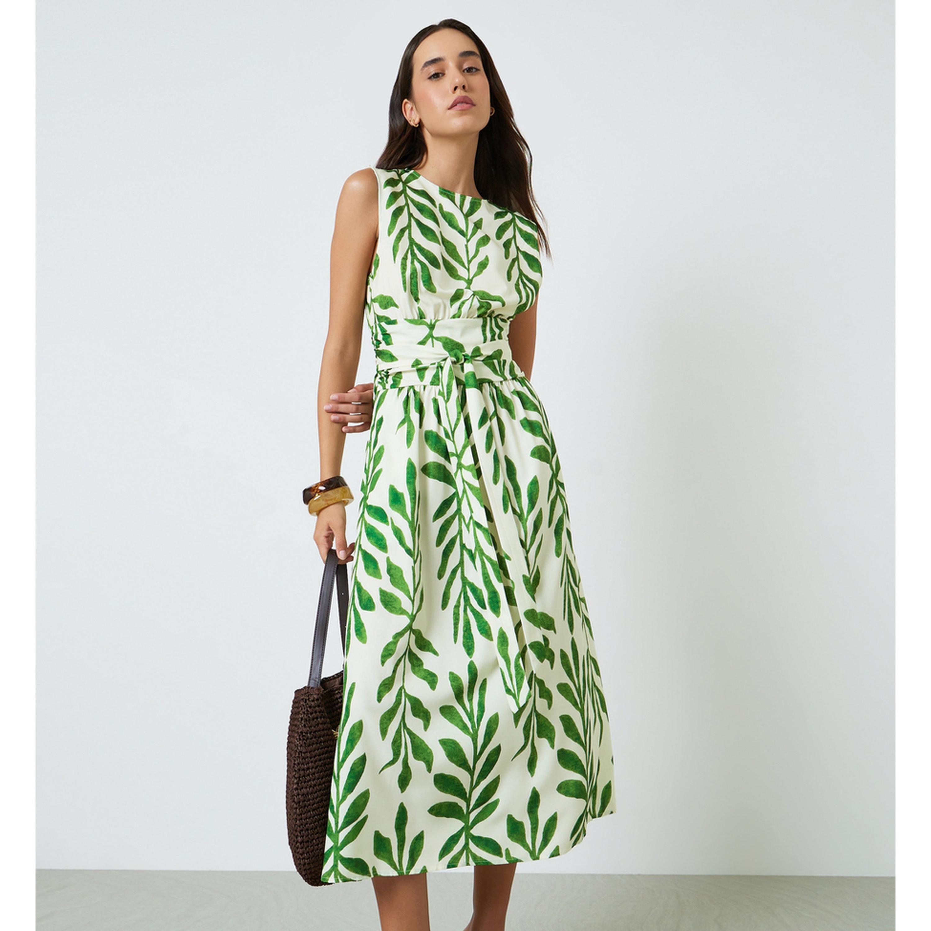 تيك تو فستان ميدي متعدد الألوان بطبعة أوراق وبلا أكمام وقصة A-women-clothing-dresses-image-1