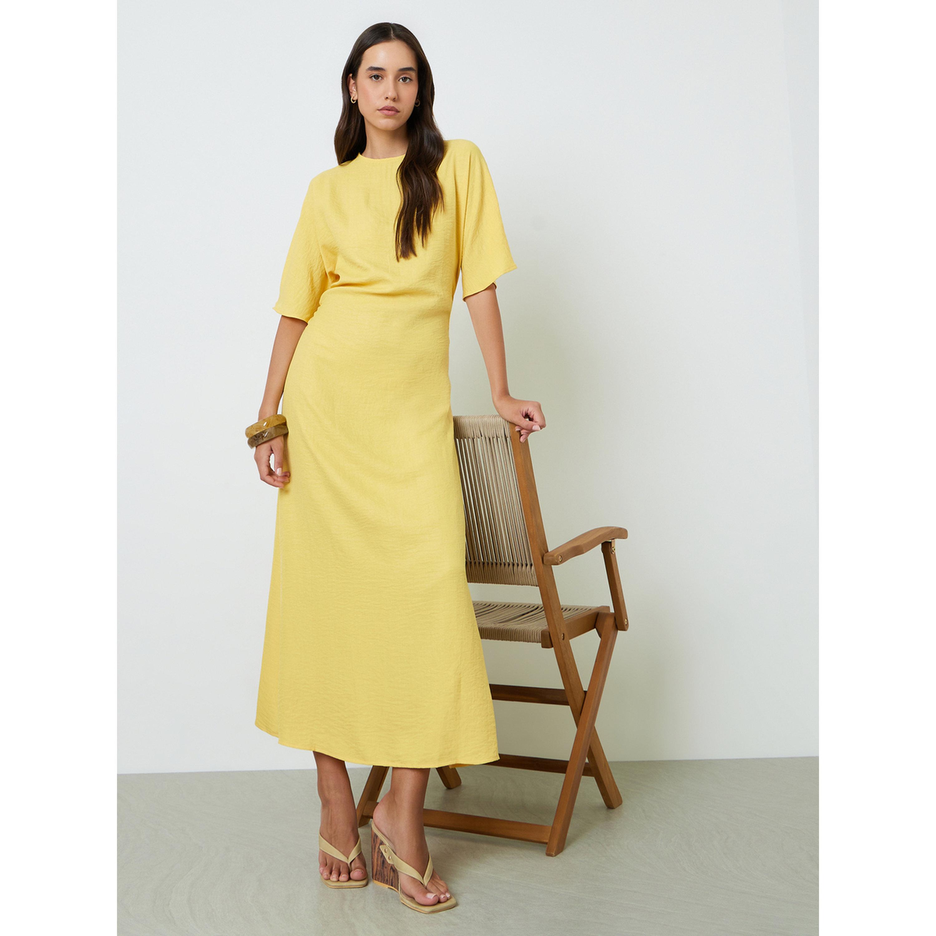 تيك تو فستان ماكسي أصفر سادة بأكمام قصيرة وقصة A-women-clothing-dresses-image-1