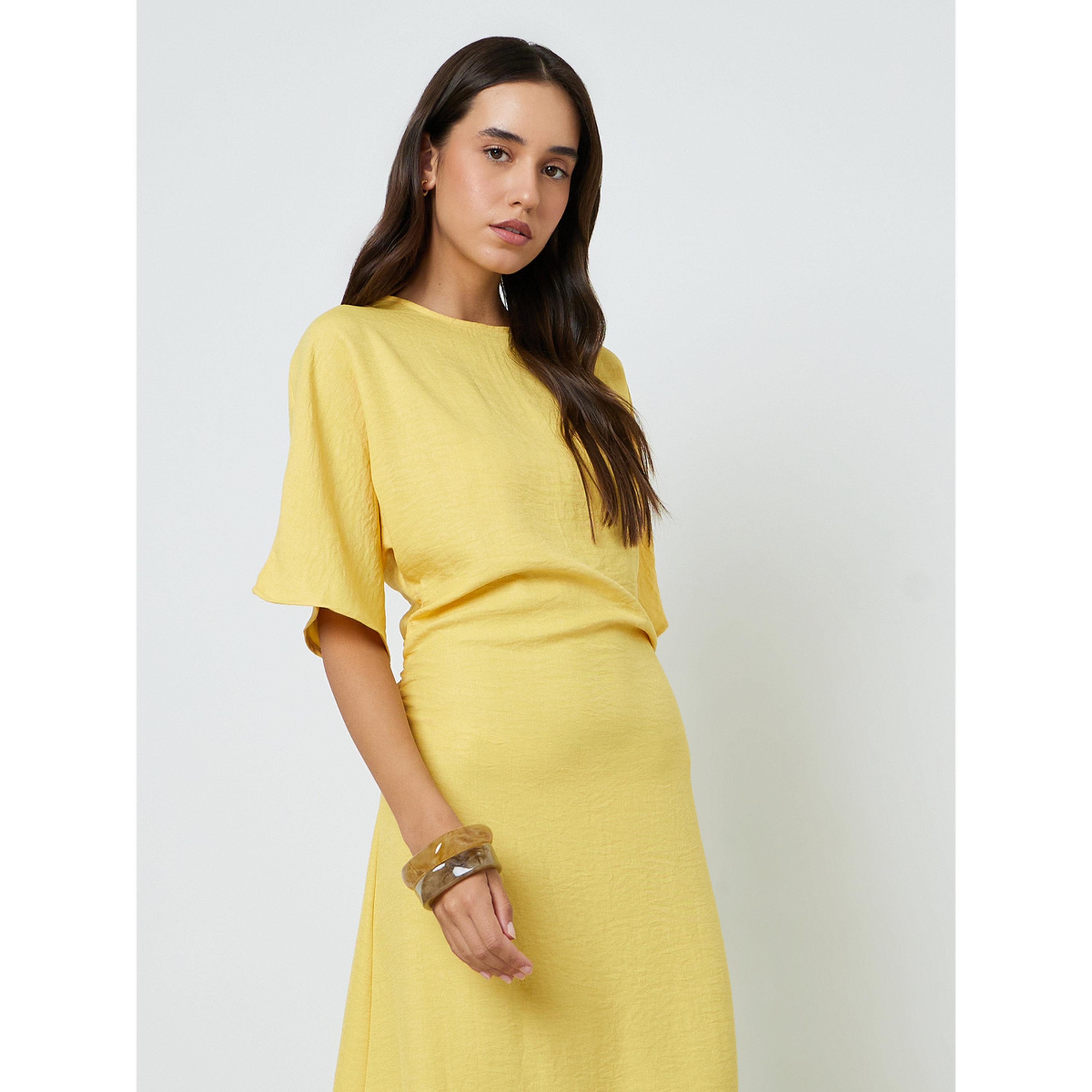تيك تو فستان ماكسي أصفر سادة بأكمام قصيرة وقصة A-women-clothing-dresses-image-2