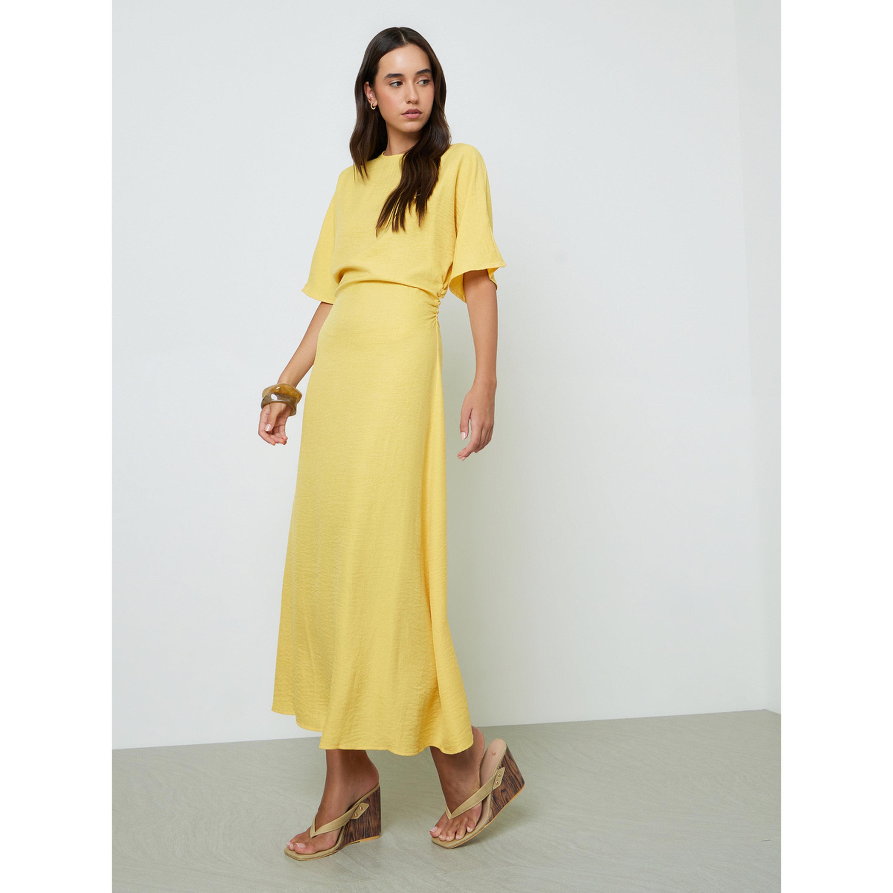 تيك تو فستان ماكسي أصفر سادة بأكمام قصيرة وقصة A-women-clothing-dresses-image-3