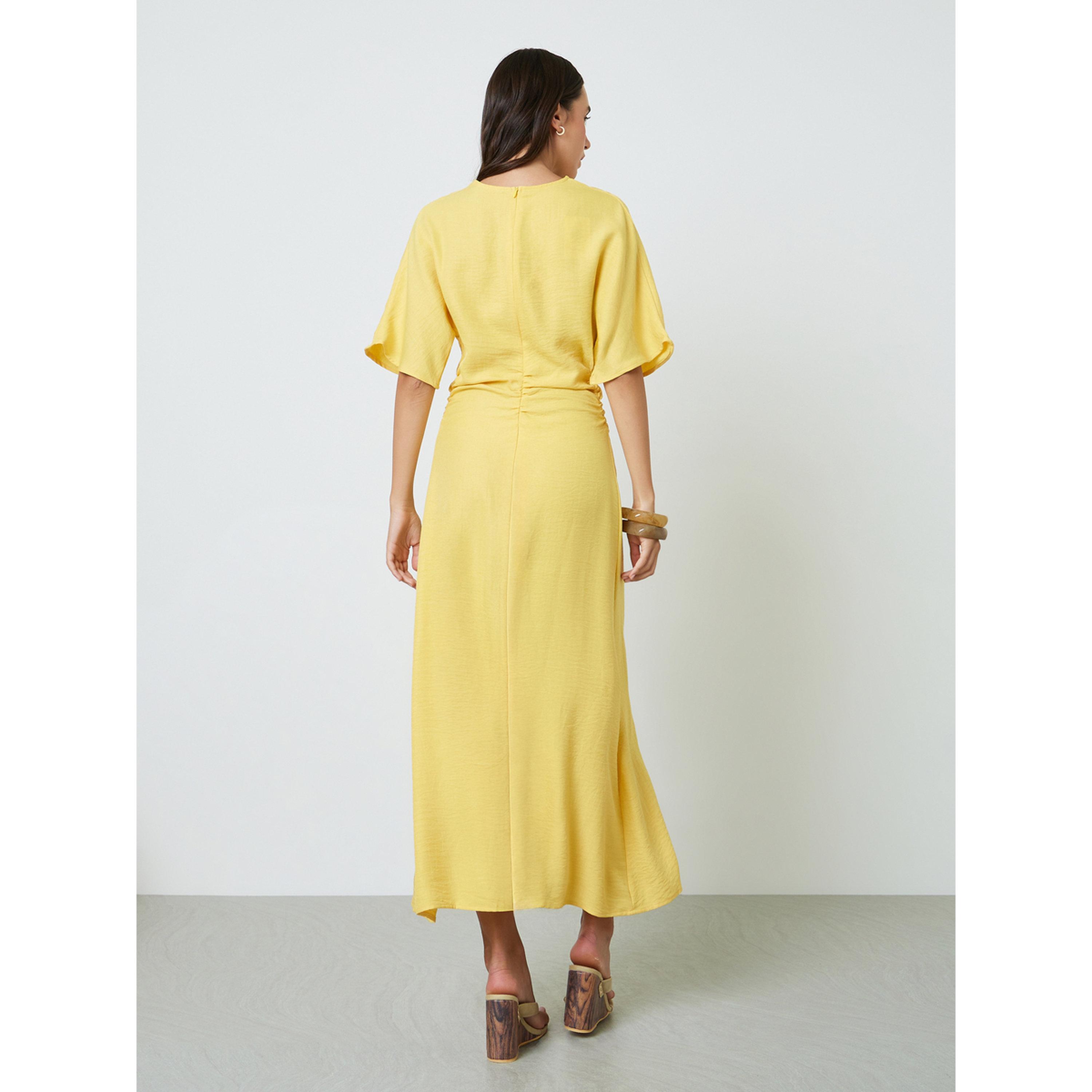 تيك تو فستان ماكسي أصفر سادة بأكمام قصيرة وقصة A-women-clothing-dresses-image-4
