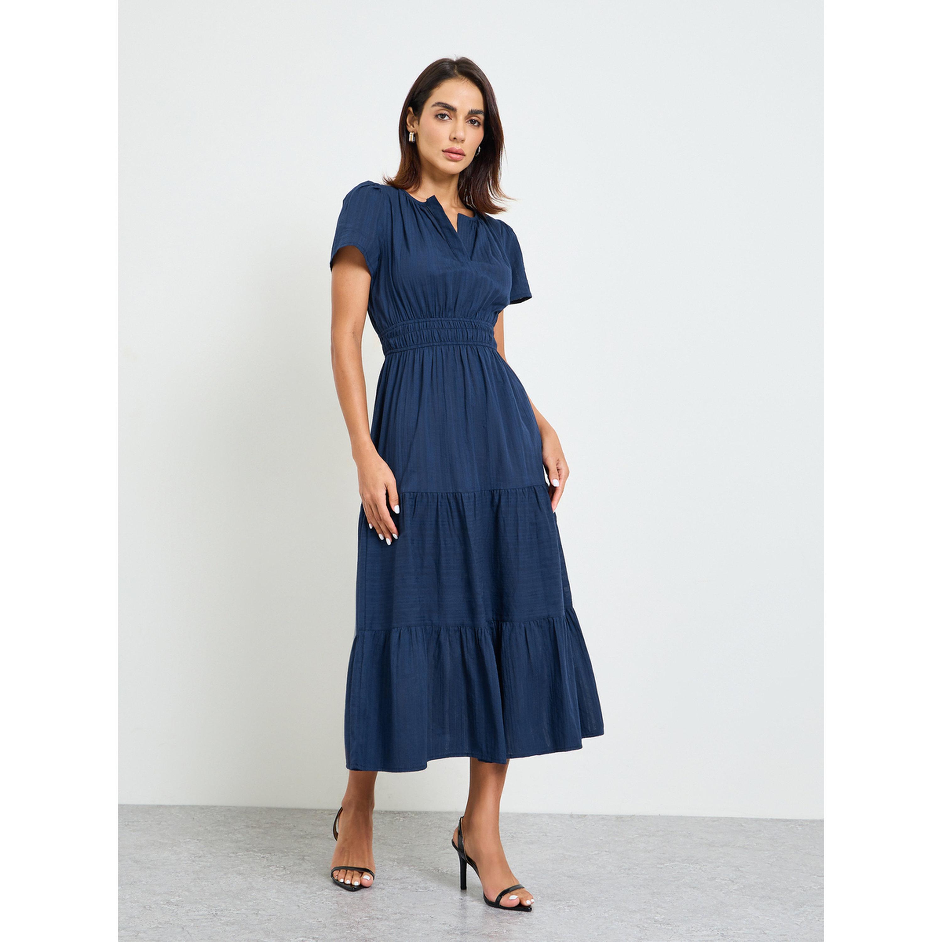 Take Two Dark Blue Plain Tiered Midi Dress with Short Sleeves-women-clothing-dresses-image-1