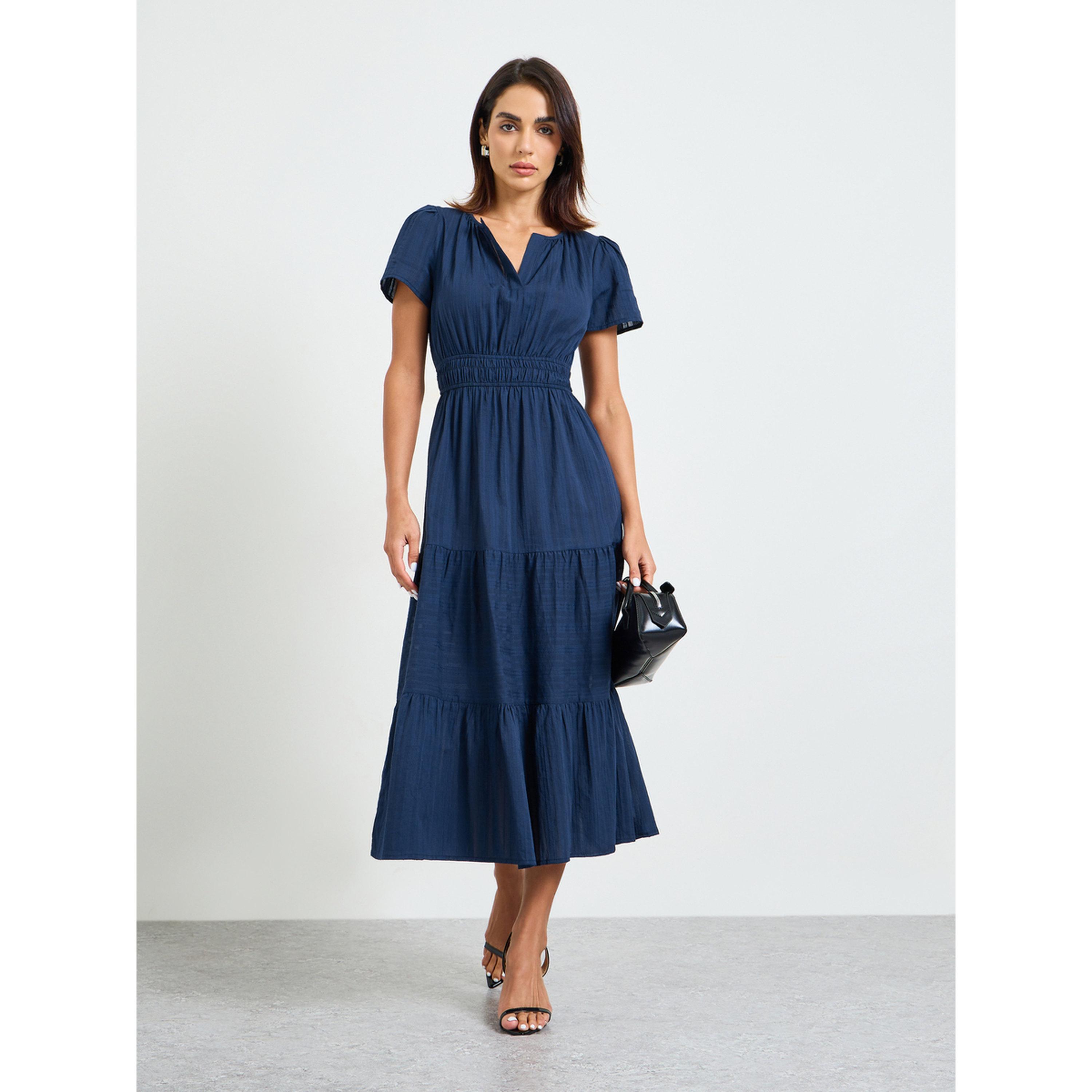 Take Two Dark Blue Plain Tiered Midi Dress with Short Sleeves-women-clothing-dresses-image-3