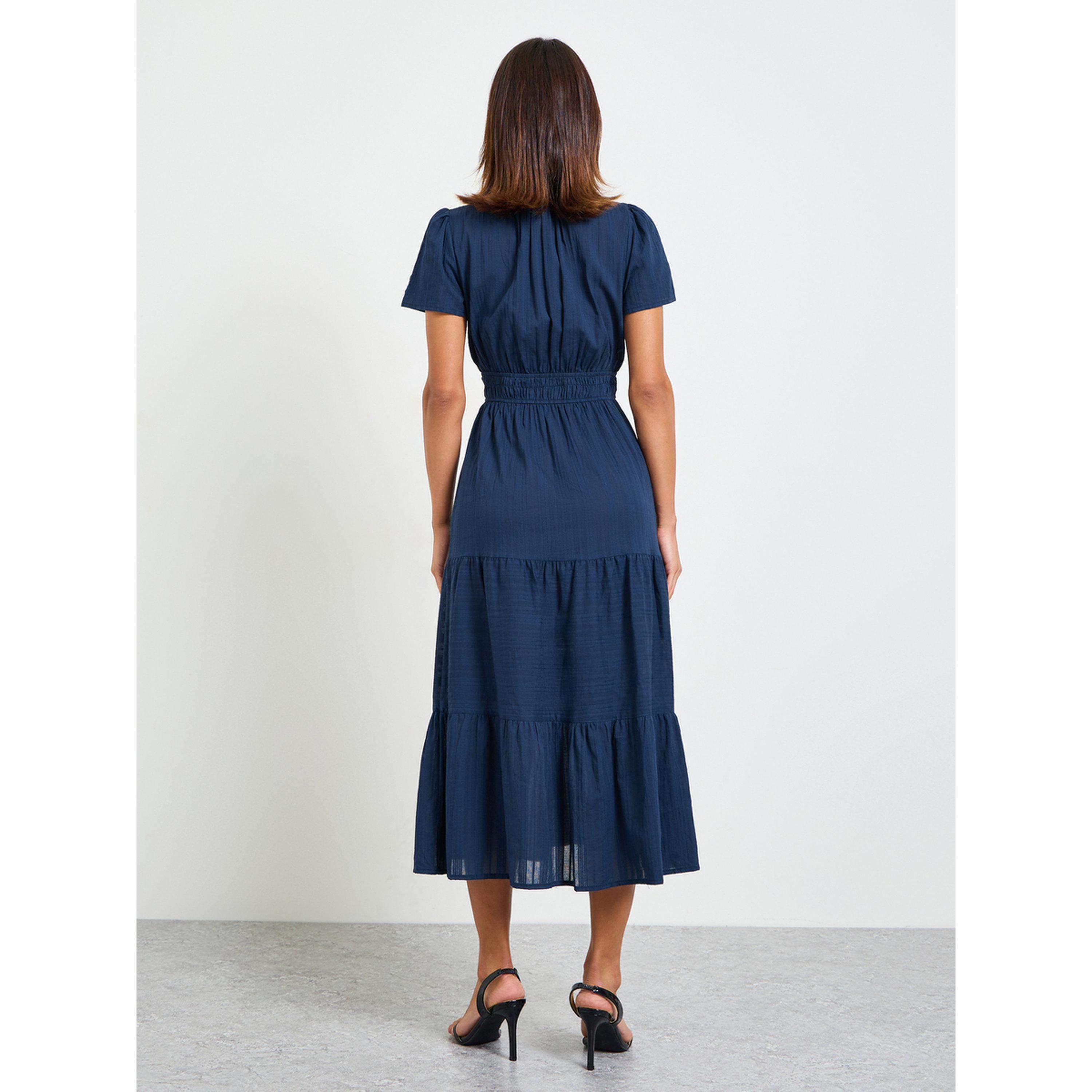 Take Two Dark Blue Plain Tiered Midi Dress with Short Sleeves-women-clothing-dresses-image-4