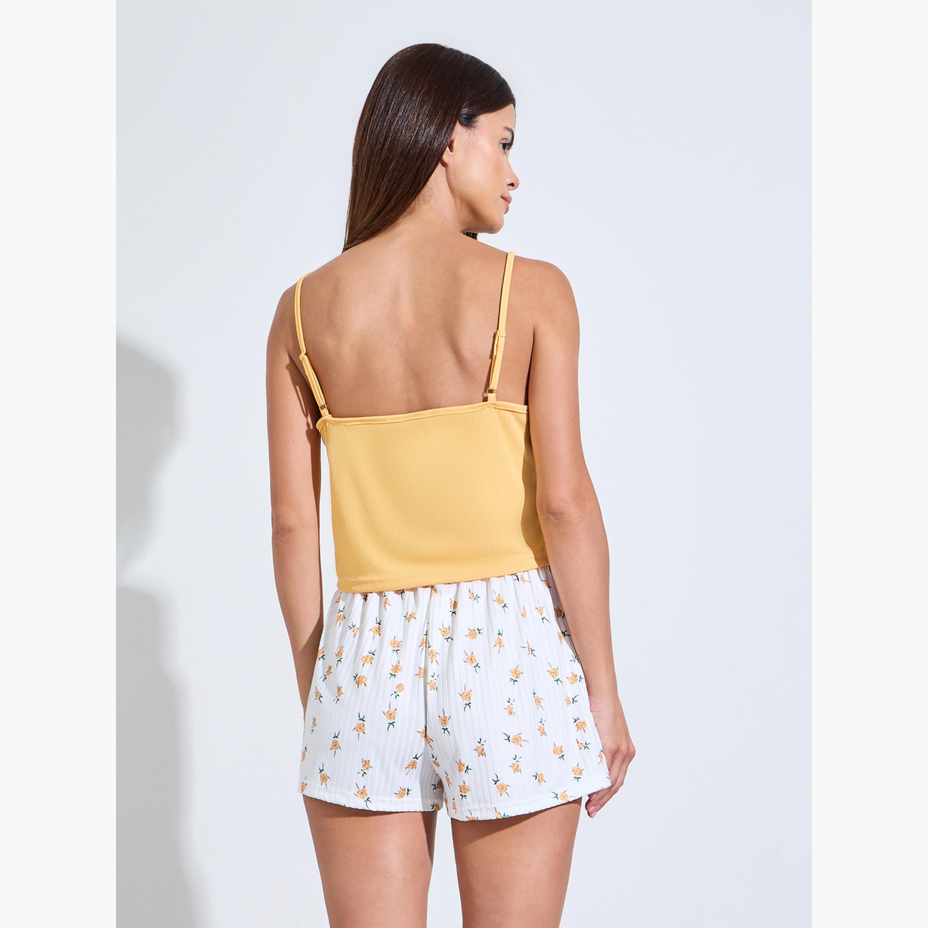 Styli Orange Rib Cami and Ditsy Print Shorts Set-women-clothing-nightwear-pyjamas-shortsets-image-3