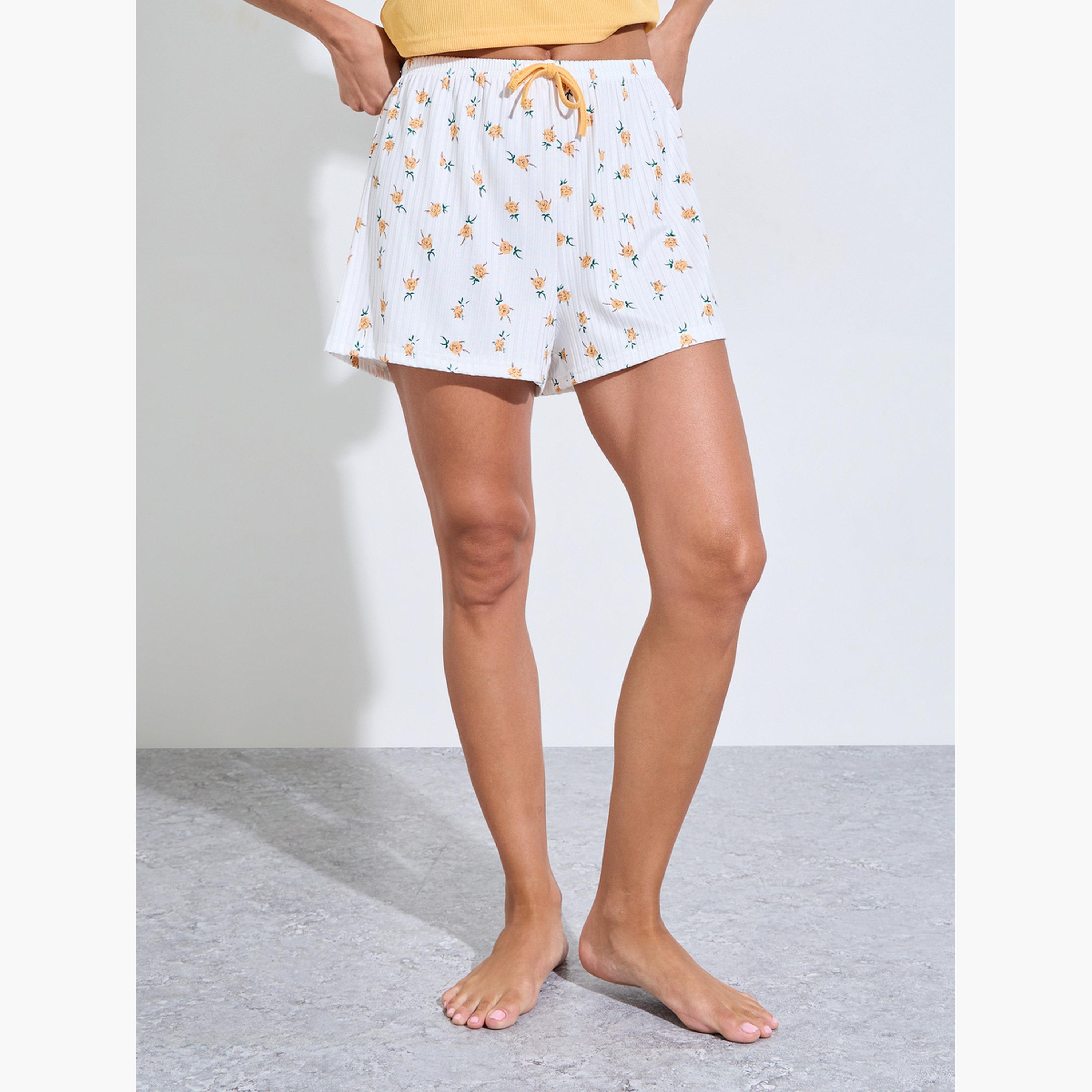 Styli Orange Rib Cami and Ditsy Print Shorts Set-women-clothing-nightwear-pyjamas-shortsets-image-4