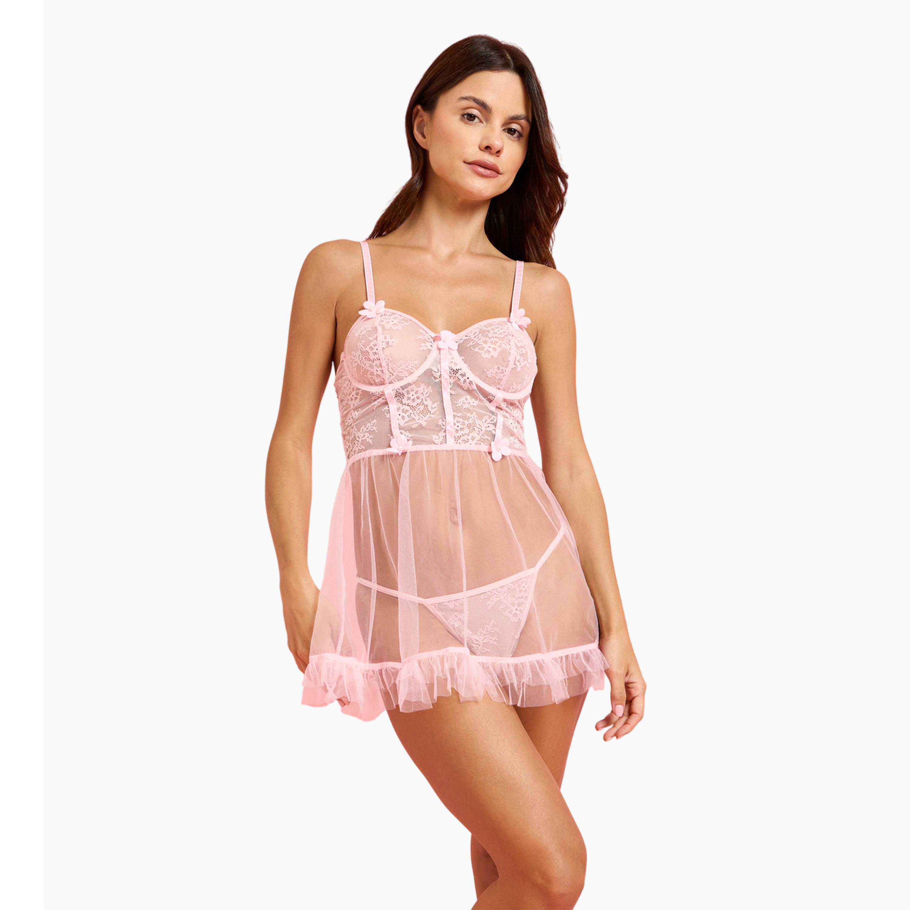 Styli Pink Floral Lace Mesh Underwired Babydoll and Brief-women-clothing-lingerie-babydollsandbodysuits-image-1