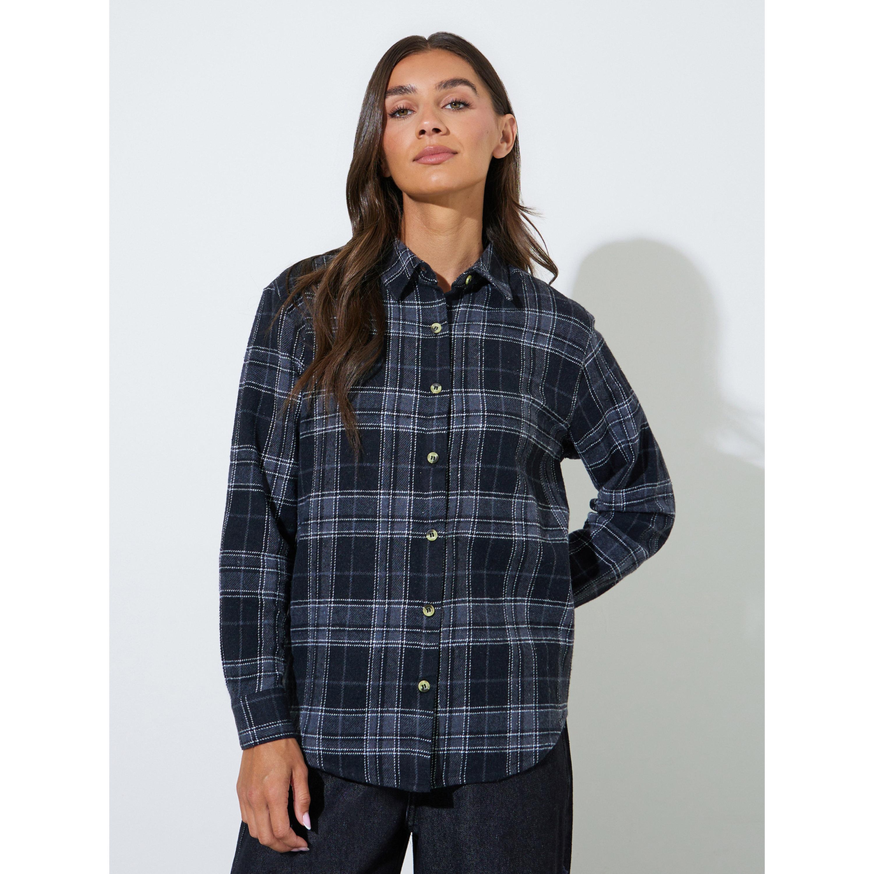Styli Black Checked Long Sleeves Oversized Shirt-women-clothing-shirtsandblouses-shirts-image-1