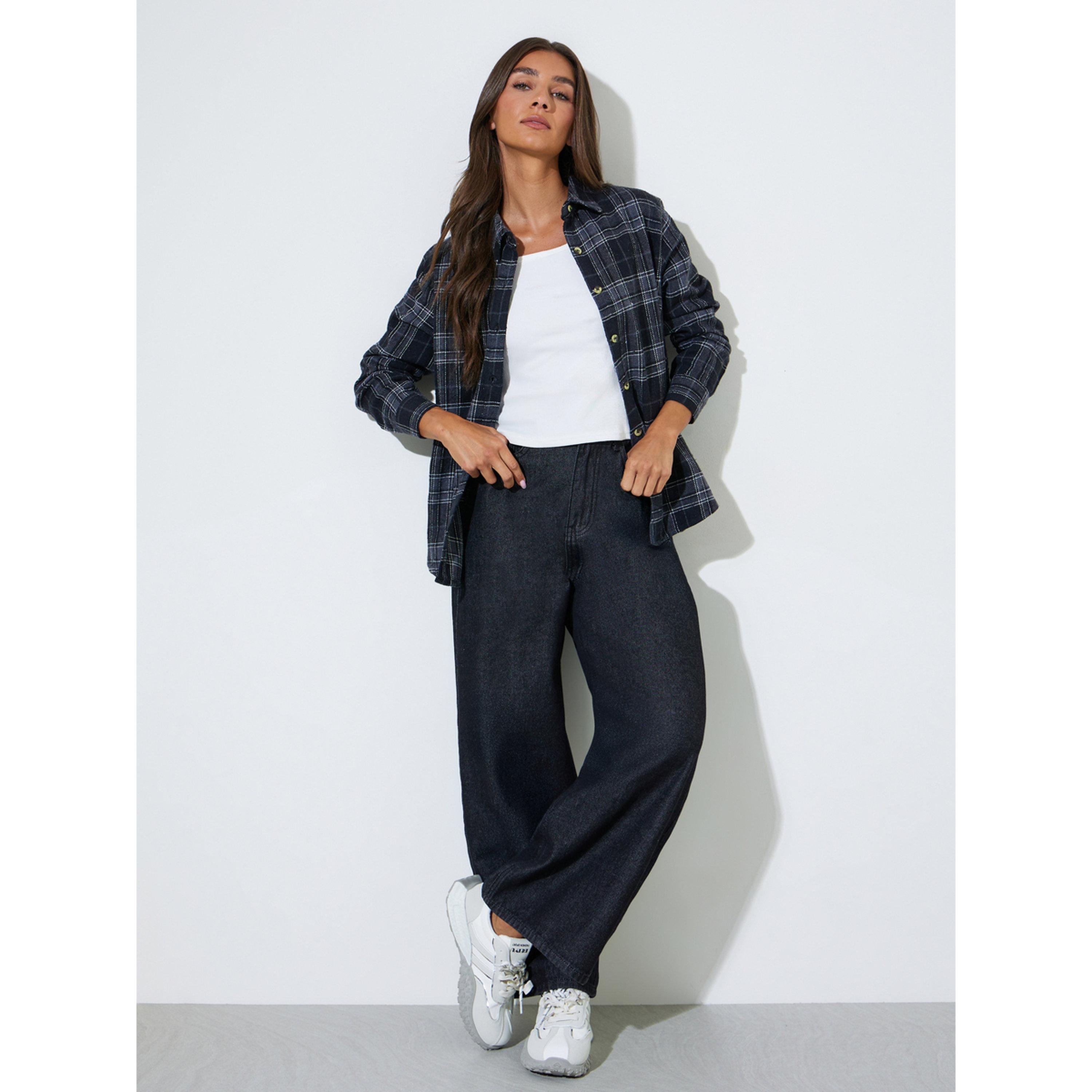 Styli Black Checked Long Sleeves Oversized Shirt-women-clothing-shirtsandblouses-shirts-image-2