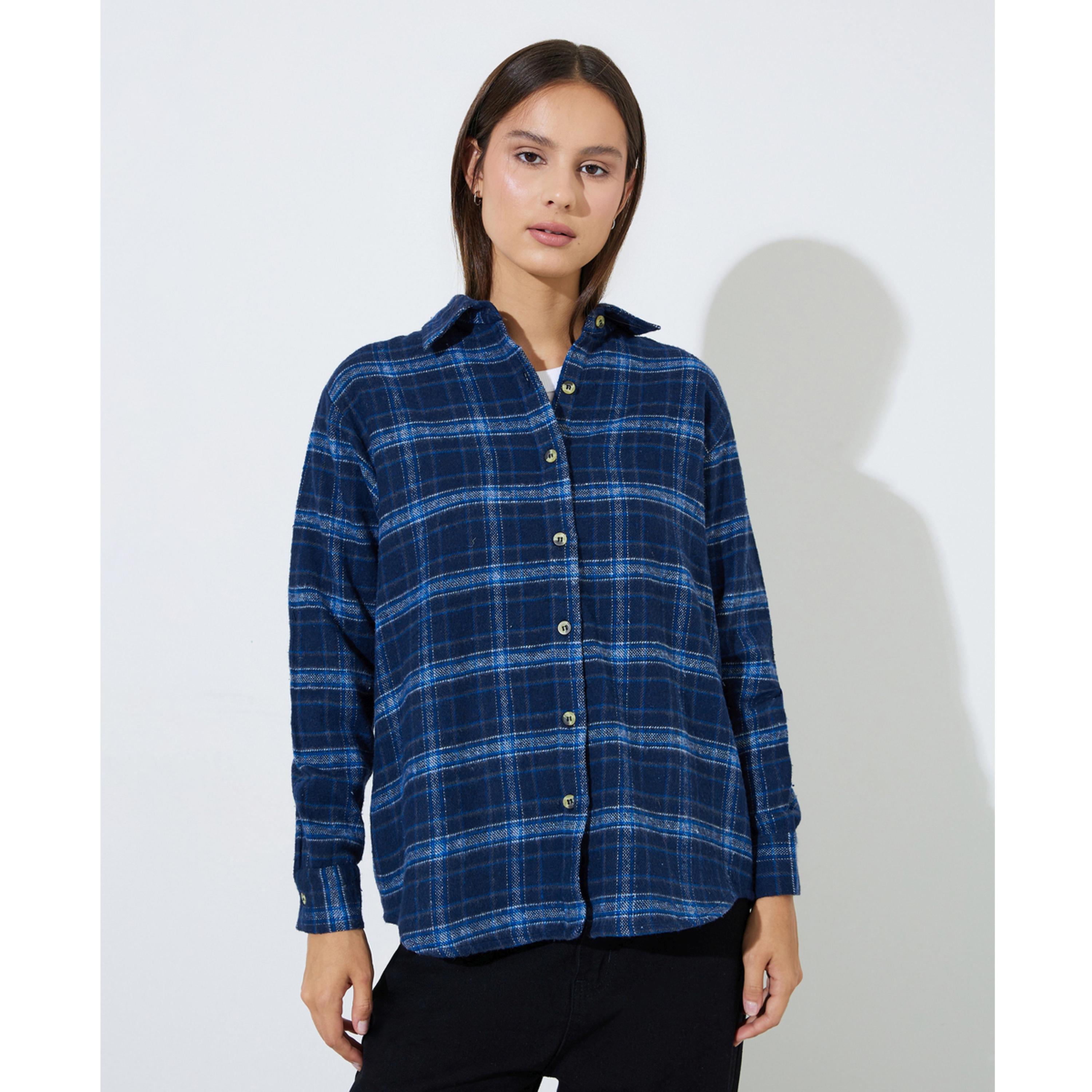 Styli Blue Checked Long Sleeves Oversized Shirt-women-clothing-shirtsandblouses-shirts-image-1
