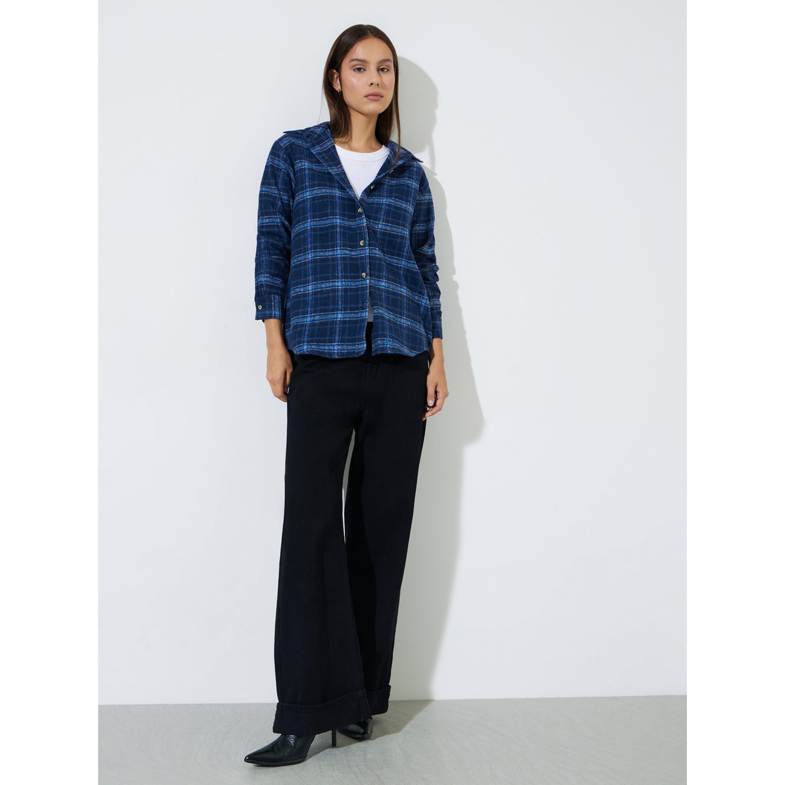 Styli Blue Checked Long Sleeves Oversized Shirt-women-clothing-shirtsandblouses-shirts-image-2