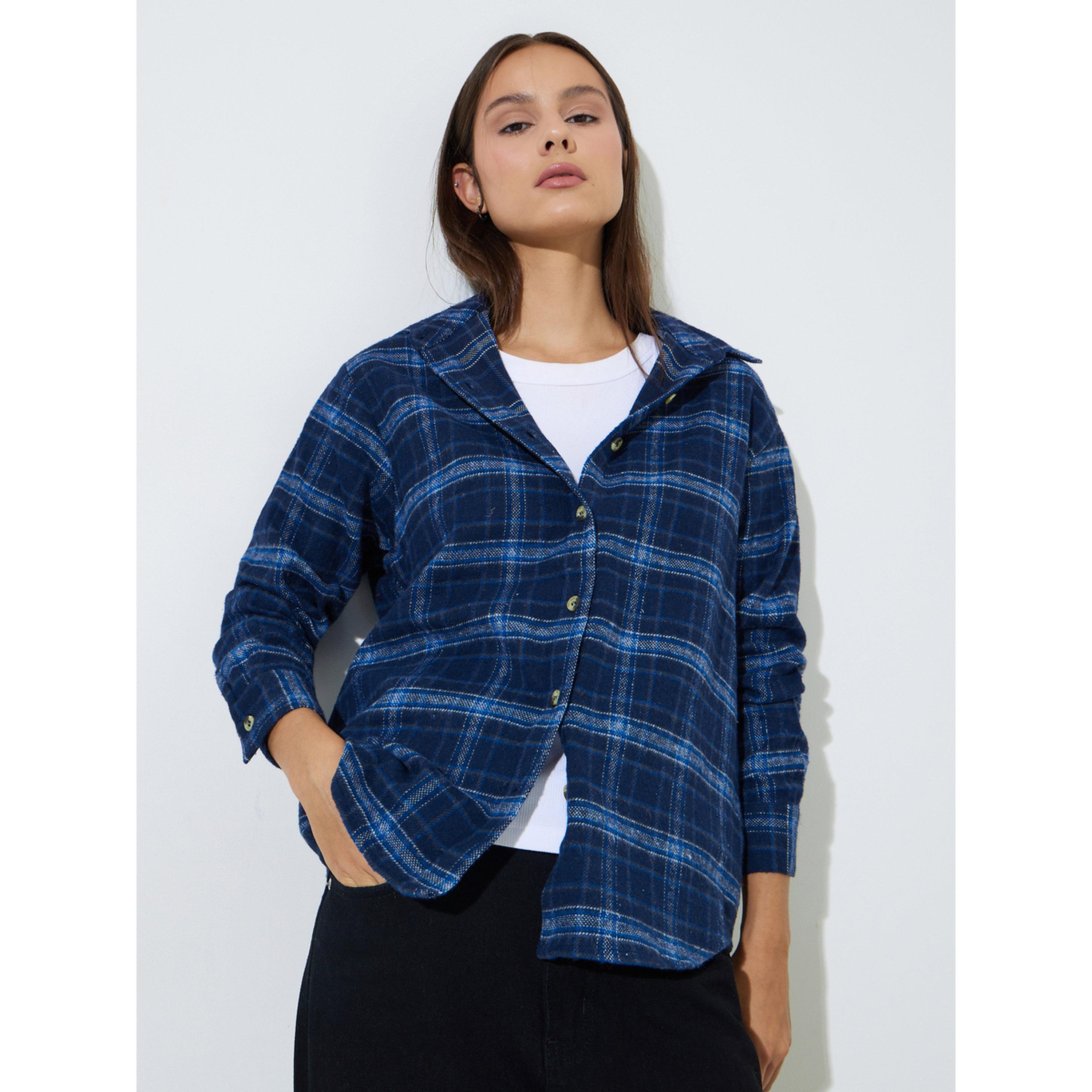 Styli Blue Checked Long Sleeves Oversized Shirt-women-clothing-shirtsandblouses-shirts-image-4