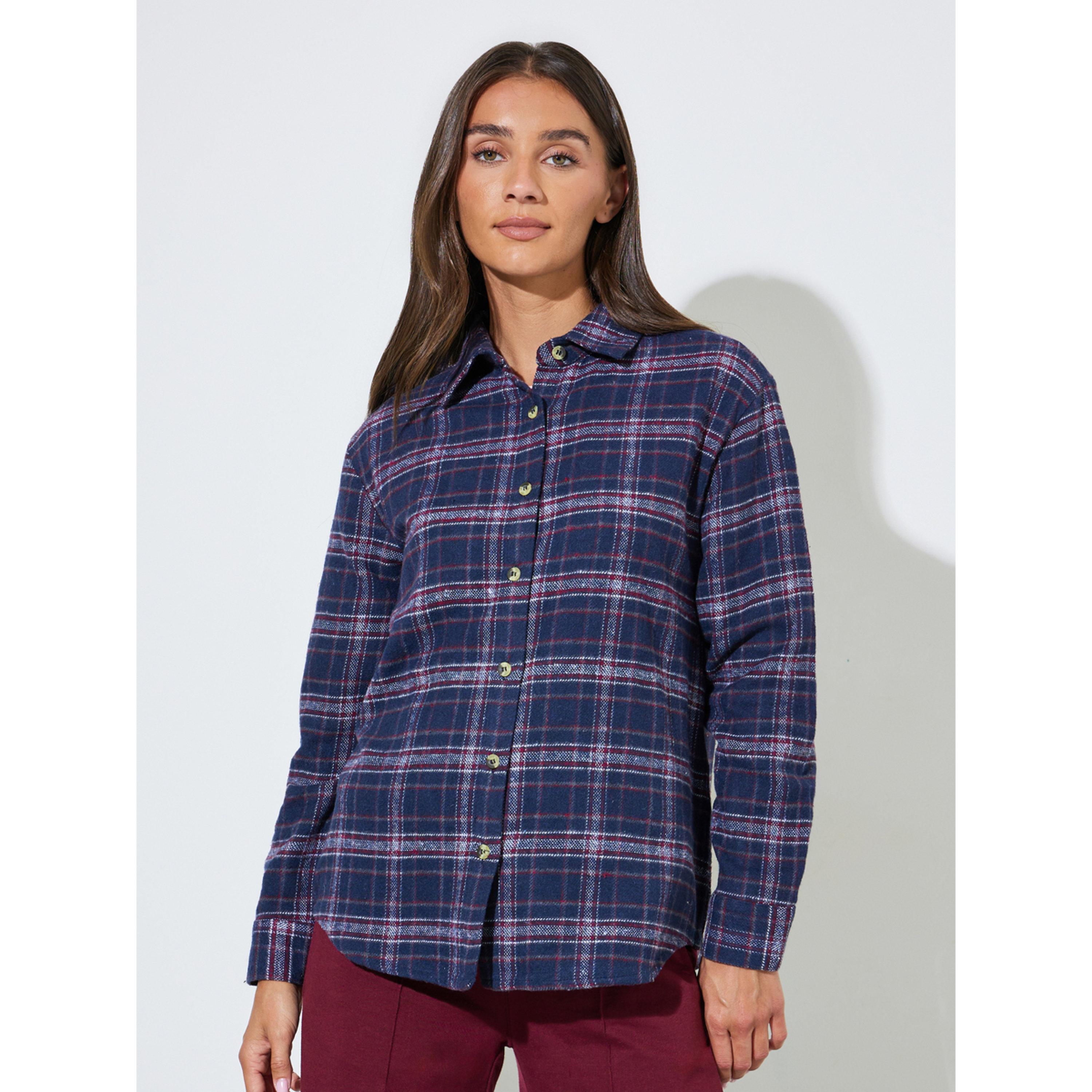 ستايلي - قميص  أزرق داكن كاروهات بأكمام طويلة وقصة واسعة-women-clothing-shirtsandblouses-shirts-image-1