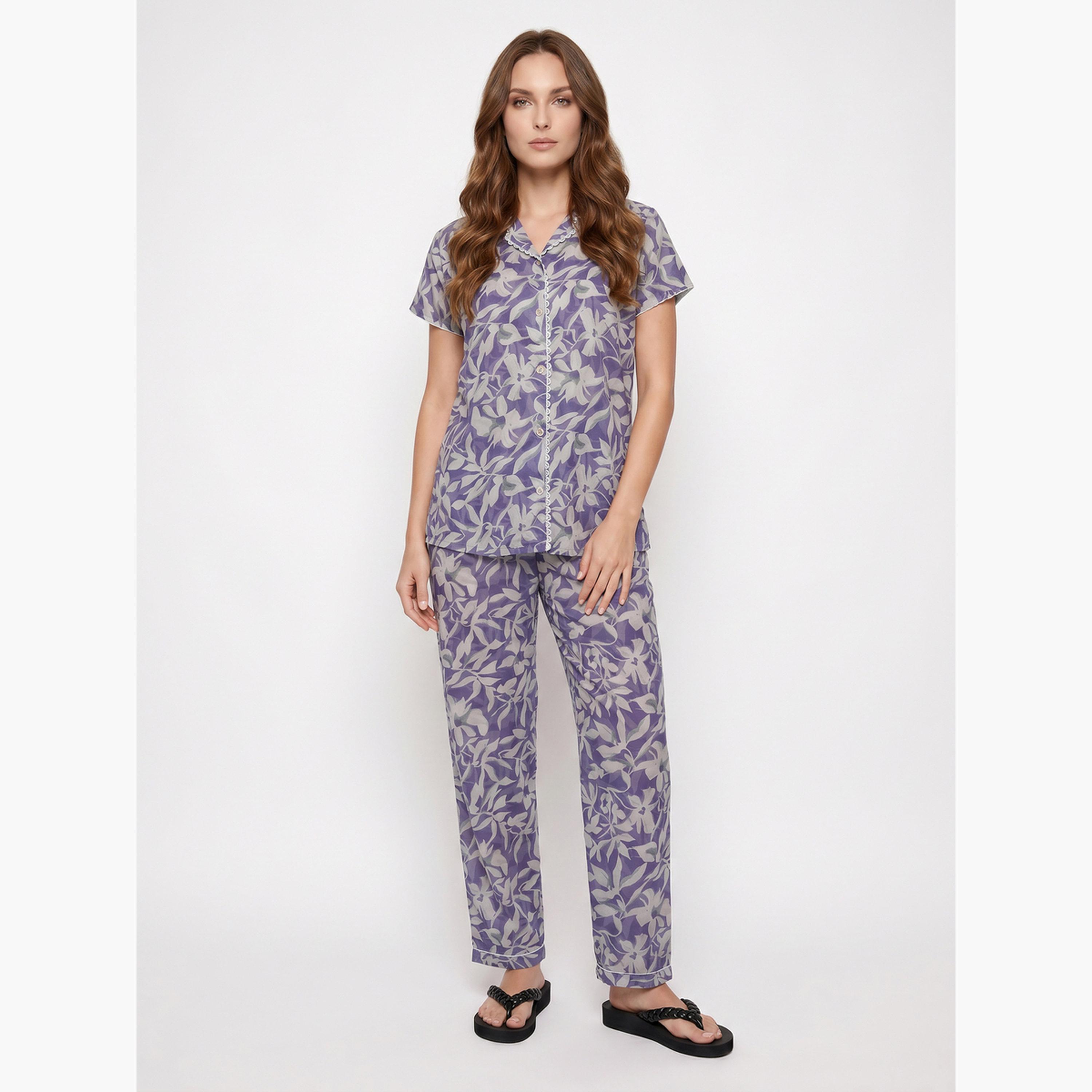 طقم بيجاما من بنطال وقميص بتفاصيل دانتيل وطبعات زهور-women-clothing-nightwear-pyjamas-longsets-image-1