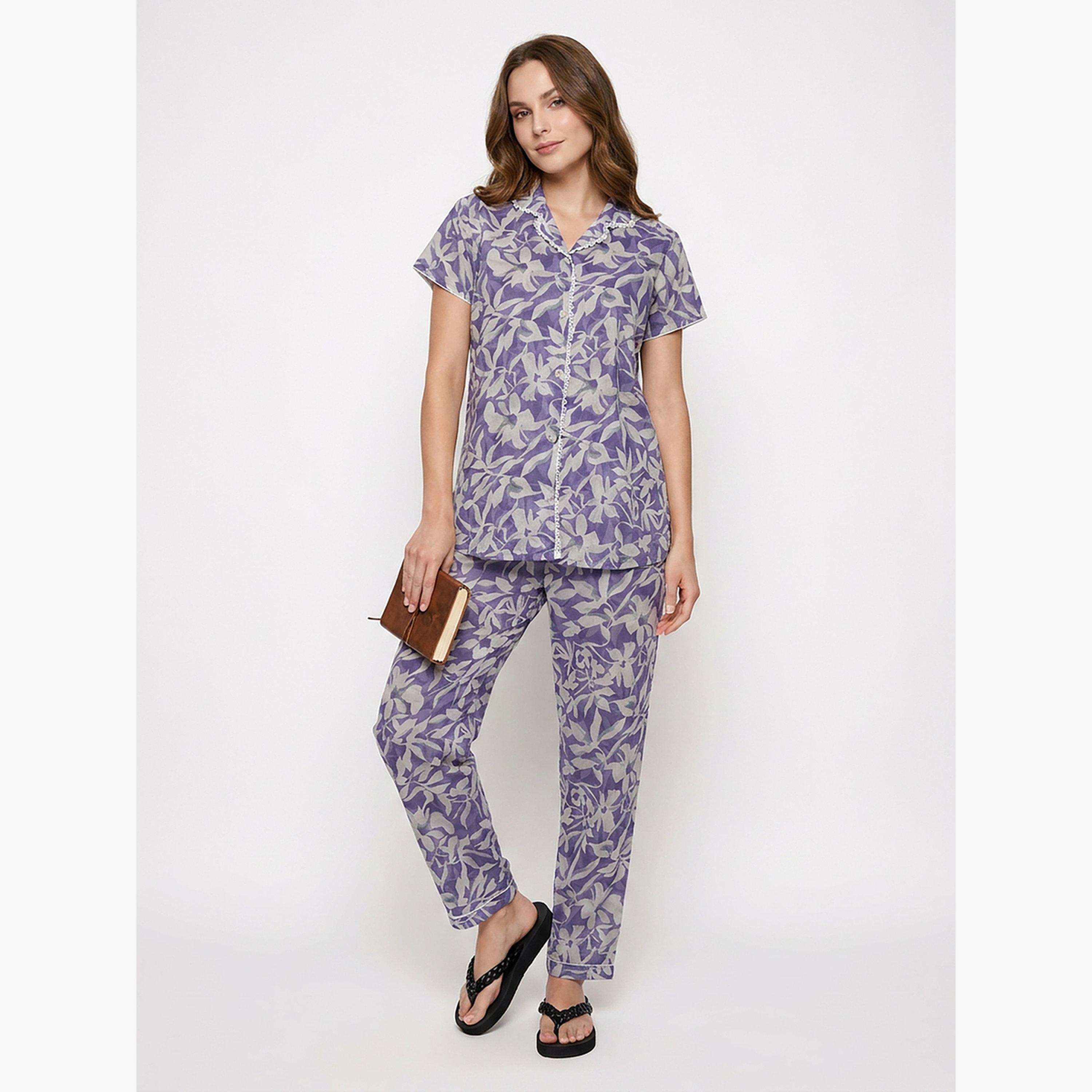 طقم بيجاما من بنطال وقميص بتفاصيل دانتيل وطبعات زهور-women-clothing-nightwear-pyjamas-longsets-image-2