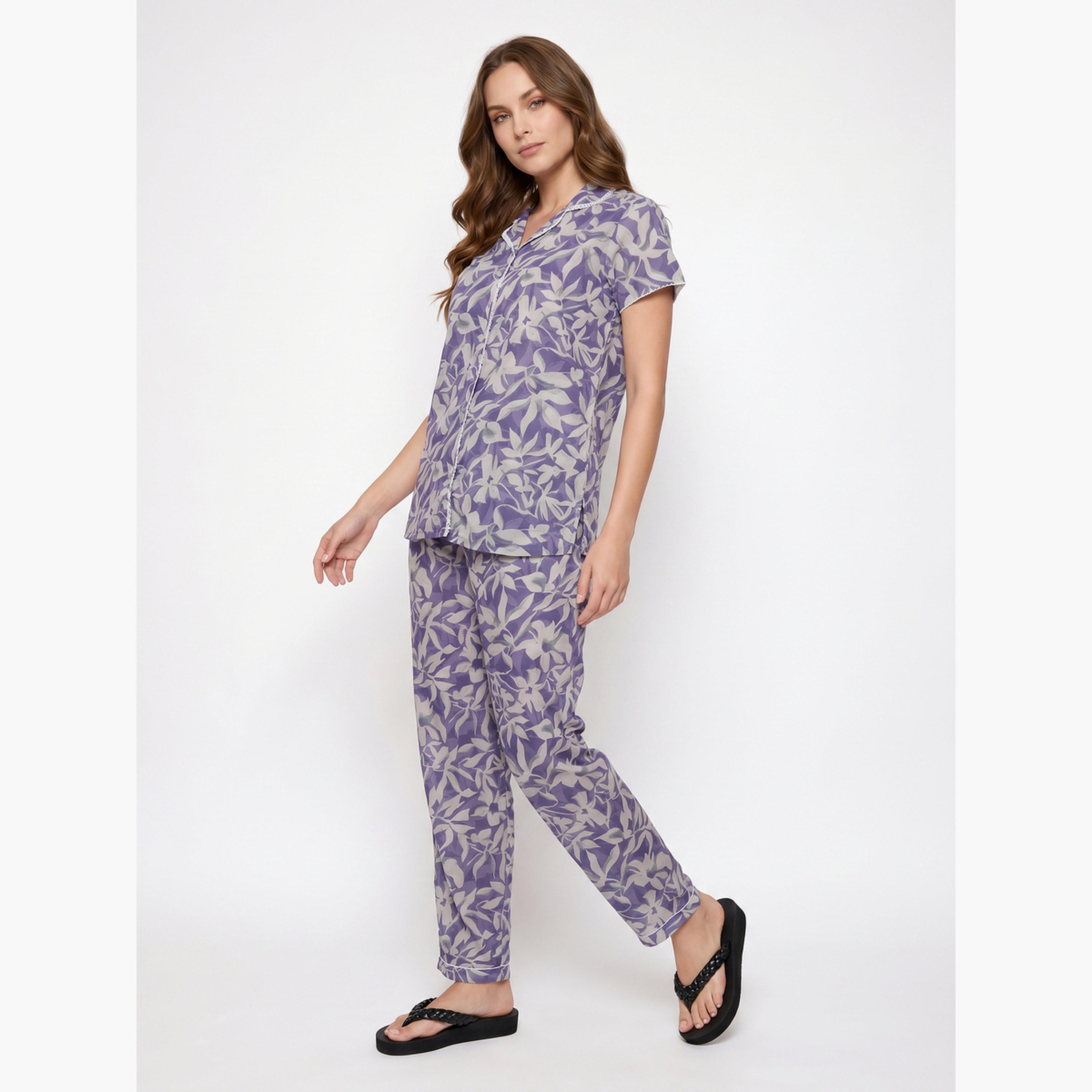 طقم بيجاما من بنطال وقميص بتفاصيل دانتيل وطبعات زهور-women-clothing-nightwear-pyjamas-longsets-image-3