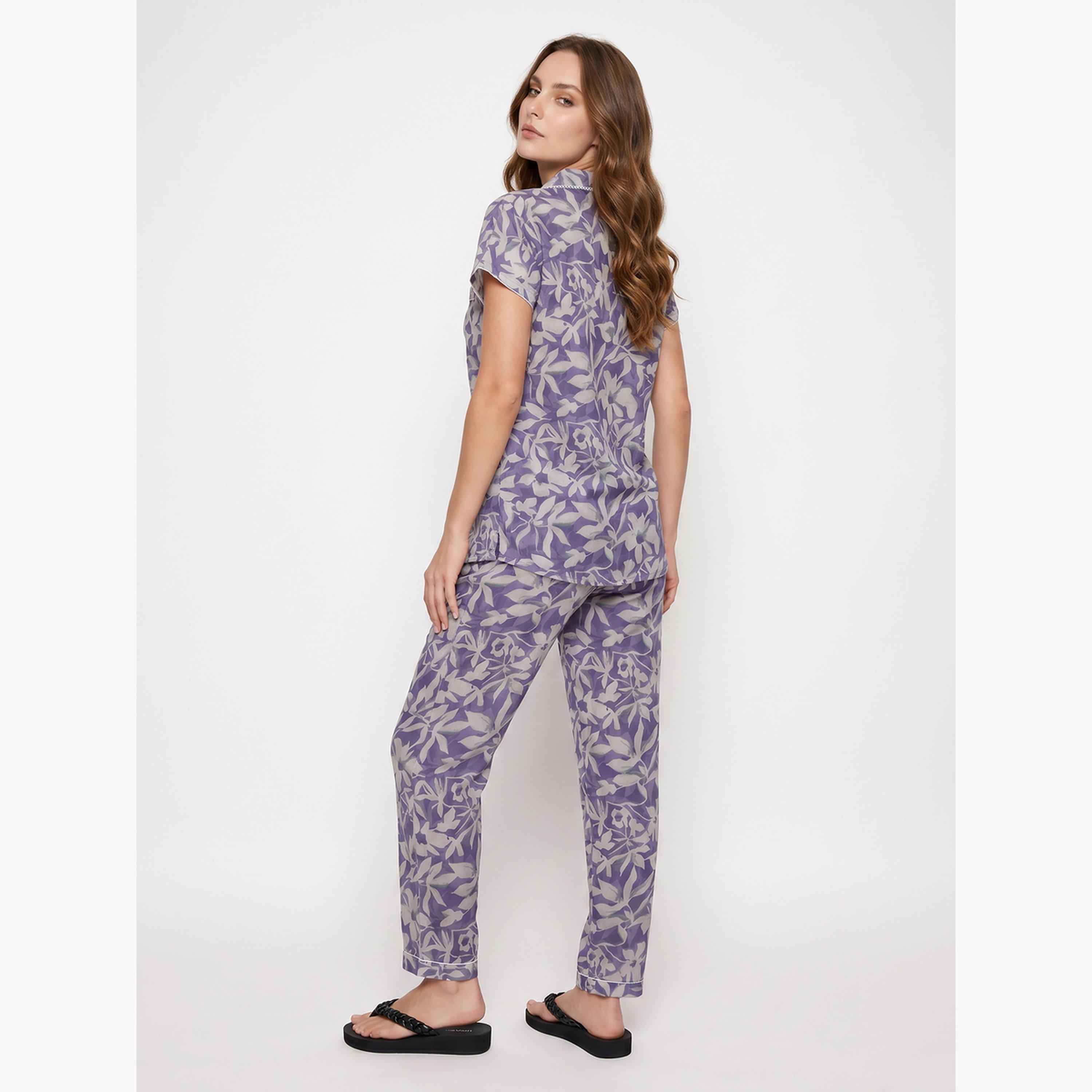 طقم بيجاما من بنطال وقميص بتفاصيل دانتيل وطبعات زهور-women-clothing-nightwear-pyjamas-longsets-image-4