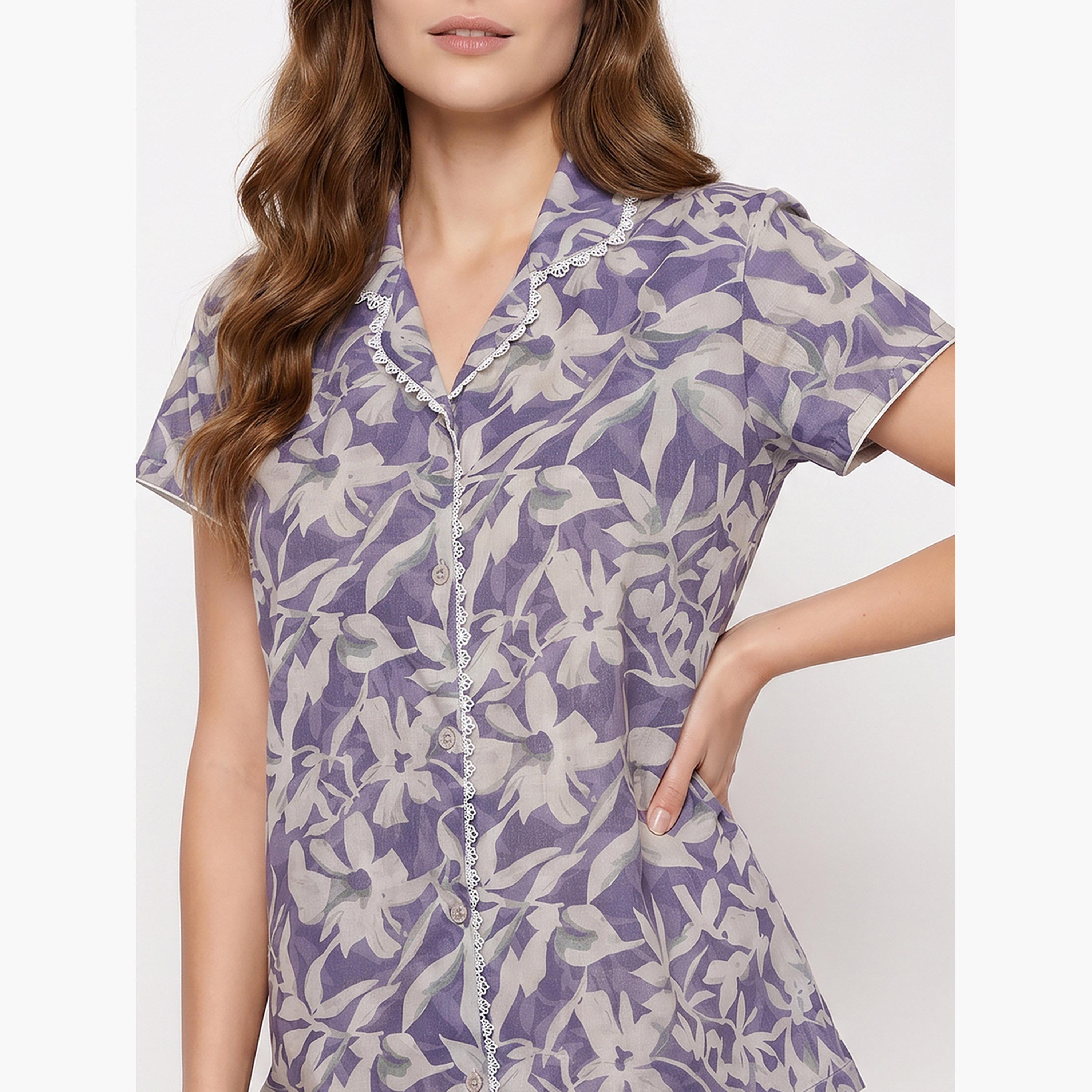طقم بيجاما من بنطال وقميص بتفاصيل دانتيل وطبعات زهور-women-clothing-nightwear-pyjamas-longsets-image-5