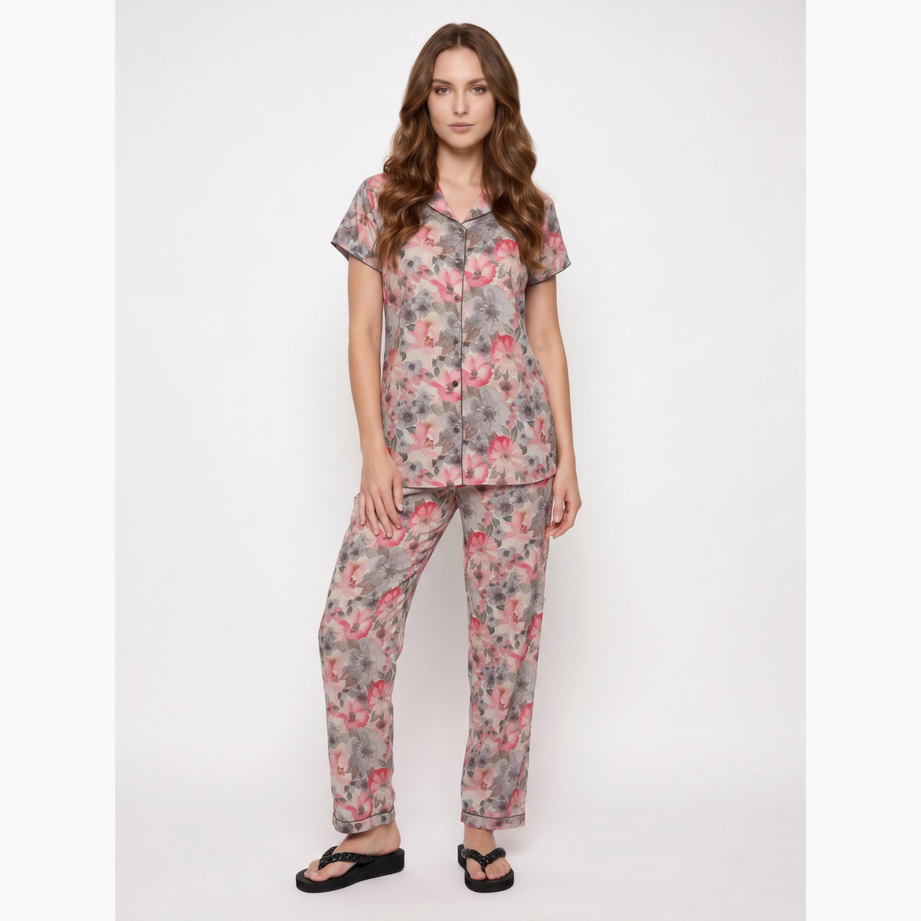 طقم بيجاما من بنطال وقميص قطن بطبعات زهور-women-clothing-nightwear-pyjamas-longsets-image-1