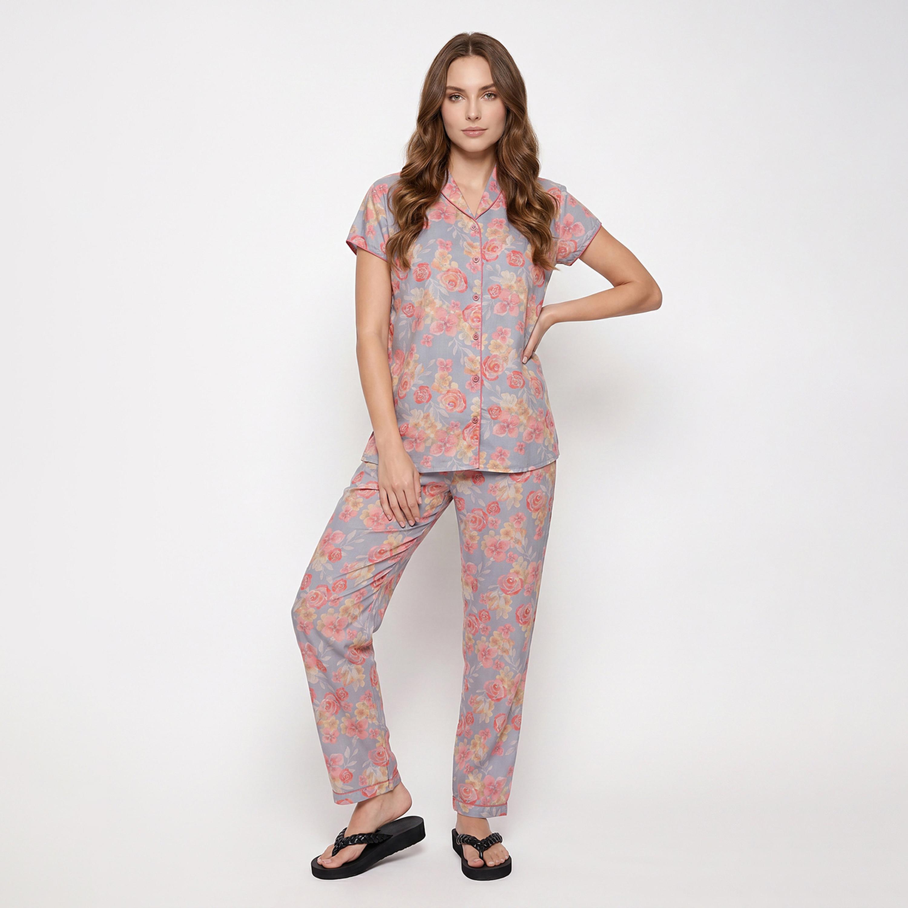 طقم بيجاما من بنطال وقميص قطن بطبعات زهور-women-clothing-nightwear-pyjamas-longsets-image-1